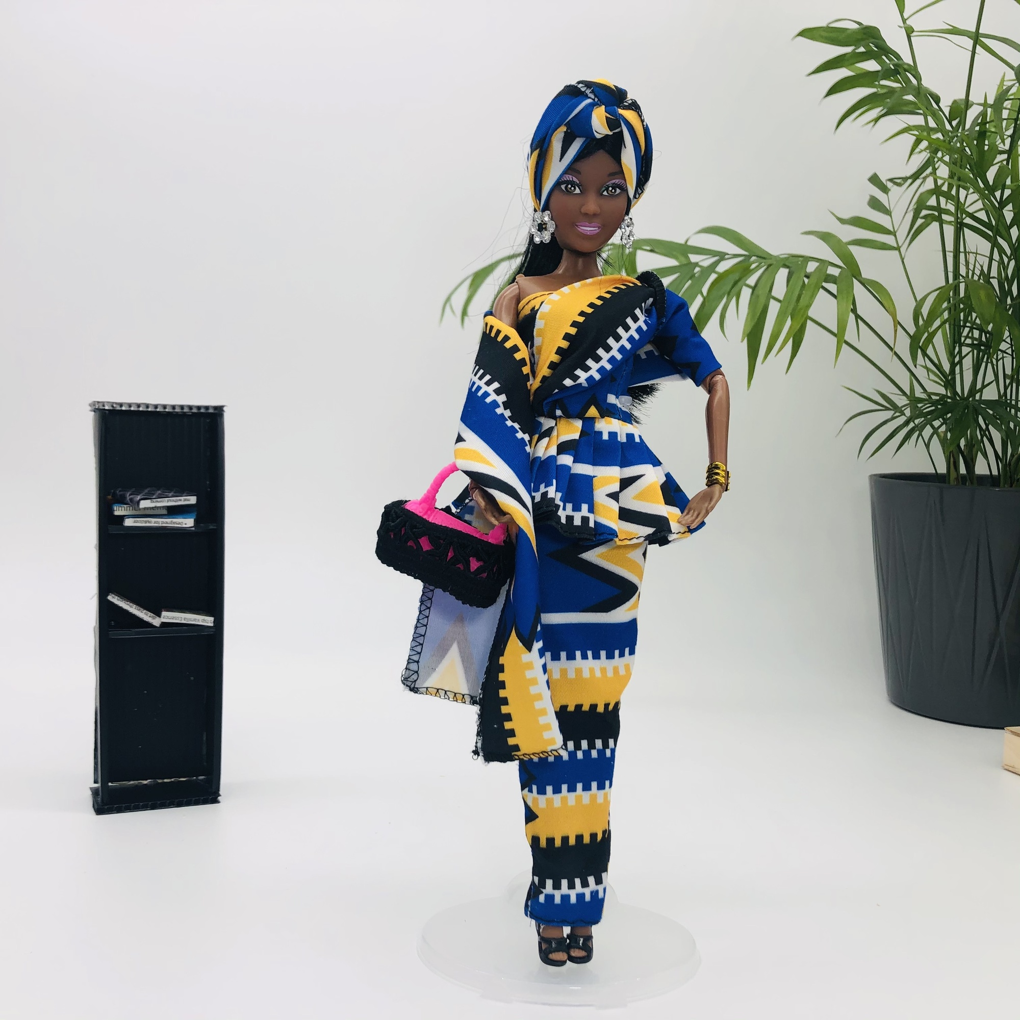 WaMambo  12" Can Move Doll - with African Print Peplum Dress and Head Wrap - Image 4