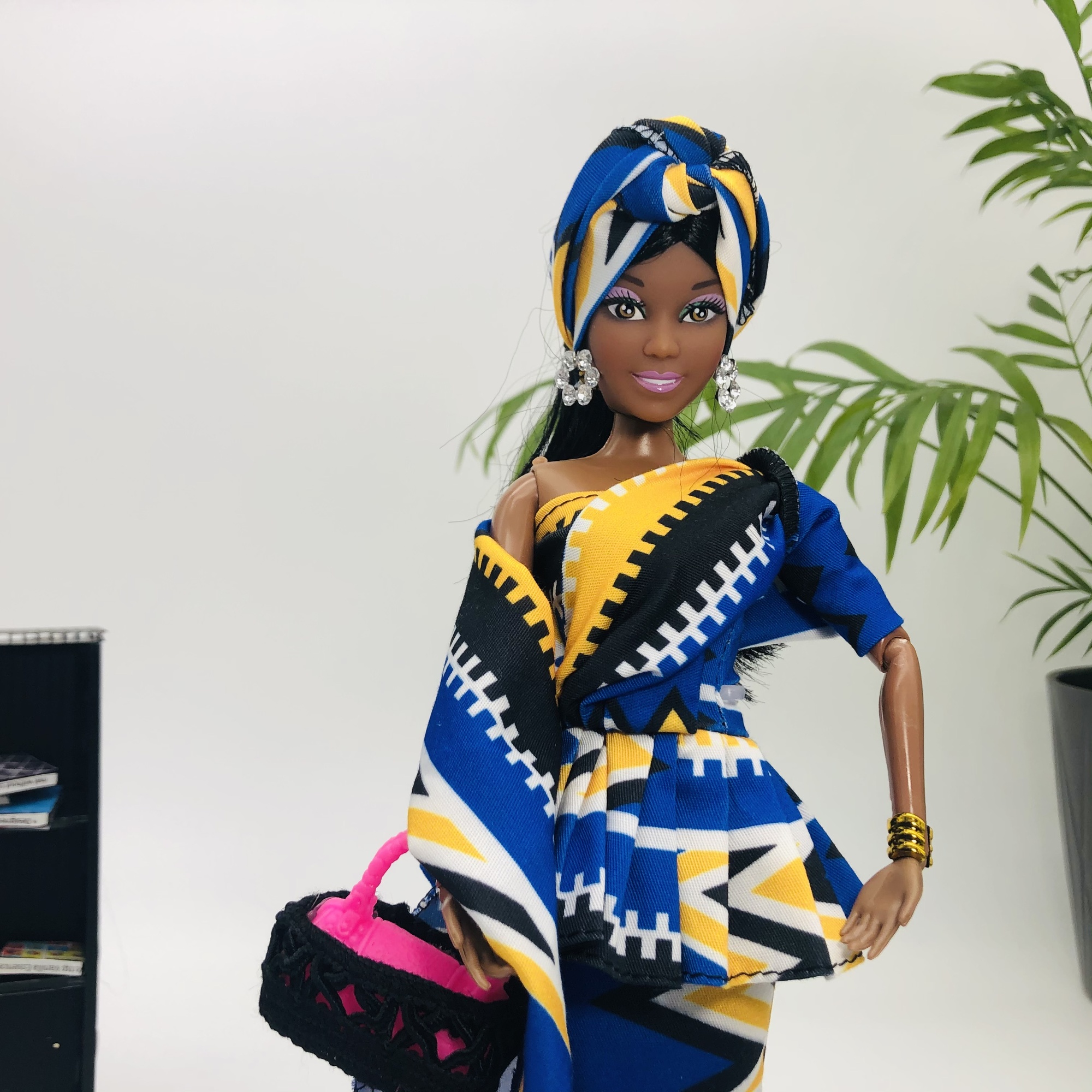 WaMambo  12" Can Move Doll - with African Print Peplum Dress and Head Wrap - Image 5