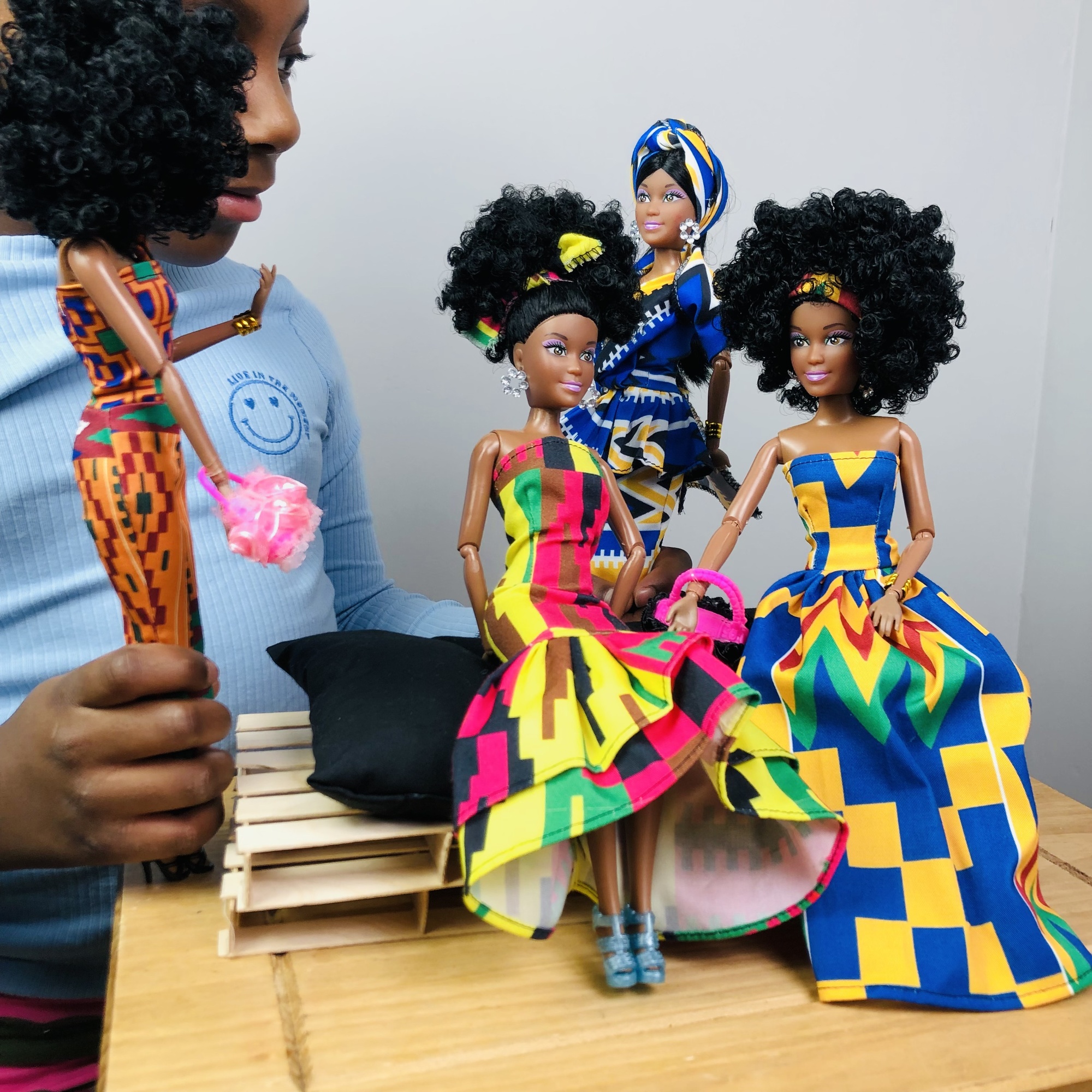 WaMambo  12" Can Move Doll - with African Print Peplum Dress and Head Wrap - Image 13