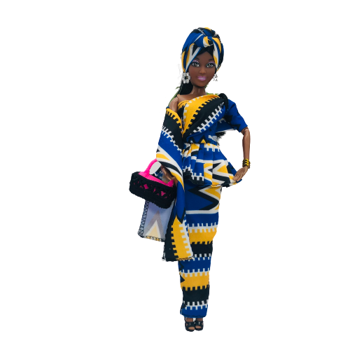 WaMambo  12" Can Move Doll - with African Print Peplum Dress and Head Wrap