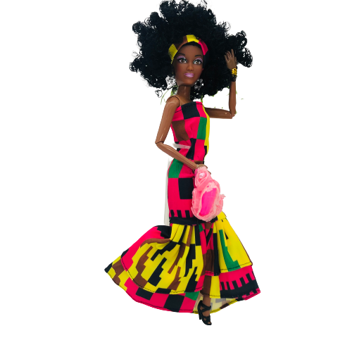 WaMambo 12" Can Move Doll - with Sleeveless African Print Godet Dress
