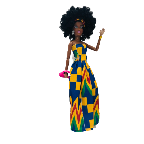 WaMambo 12" Can Move Doll - with Sleeveless African Print Maxi Dress
