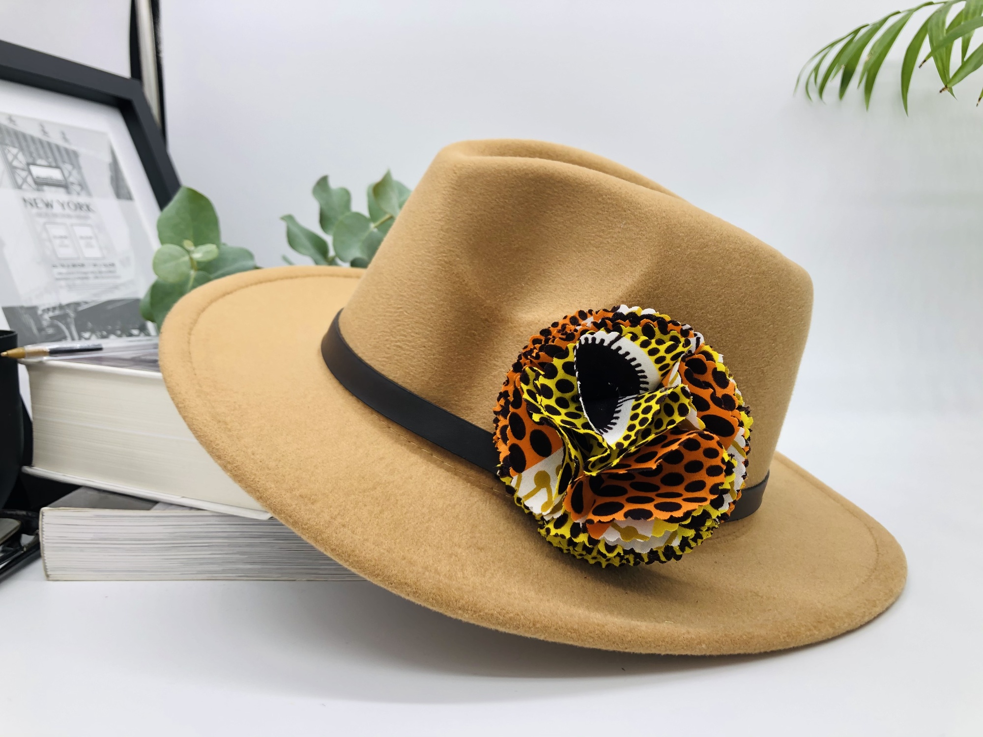 Beige Fedora Hat with Removable Duara African Print Pin