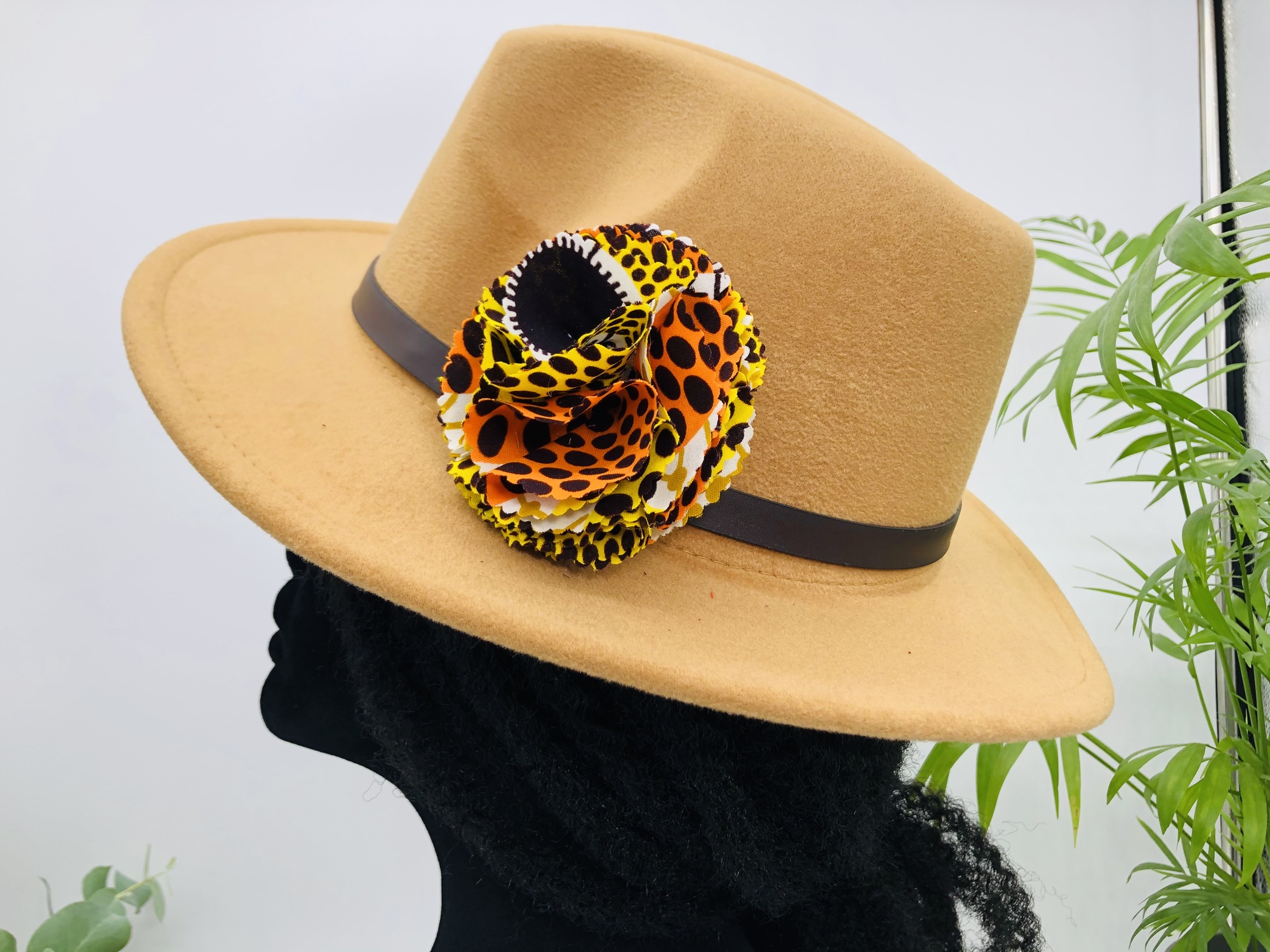 Beige Fedora Hat with Removable Duara African Print Pin - Image 11