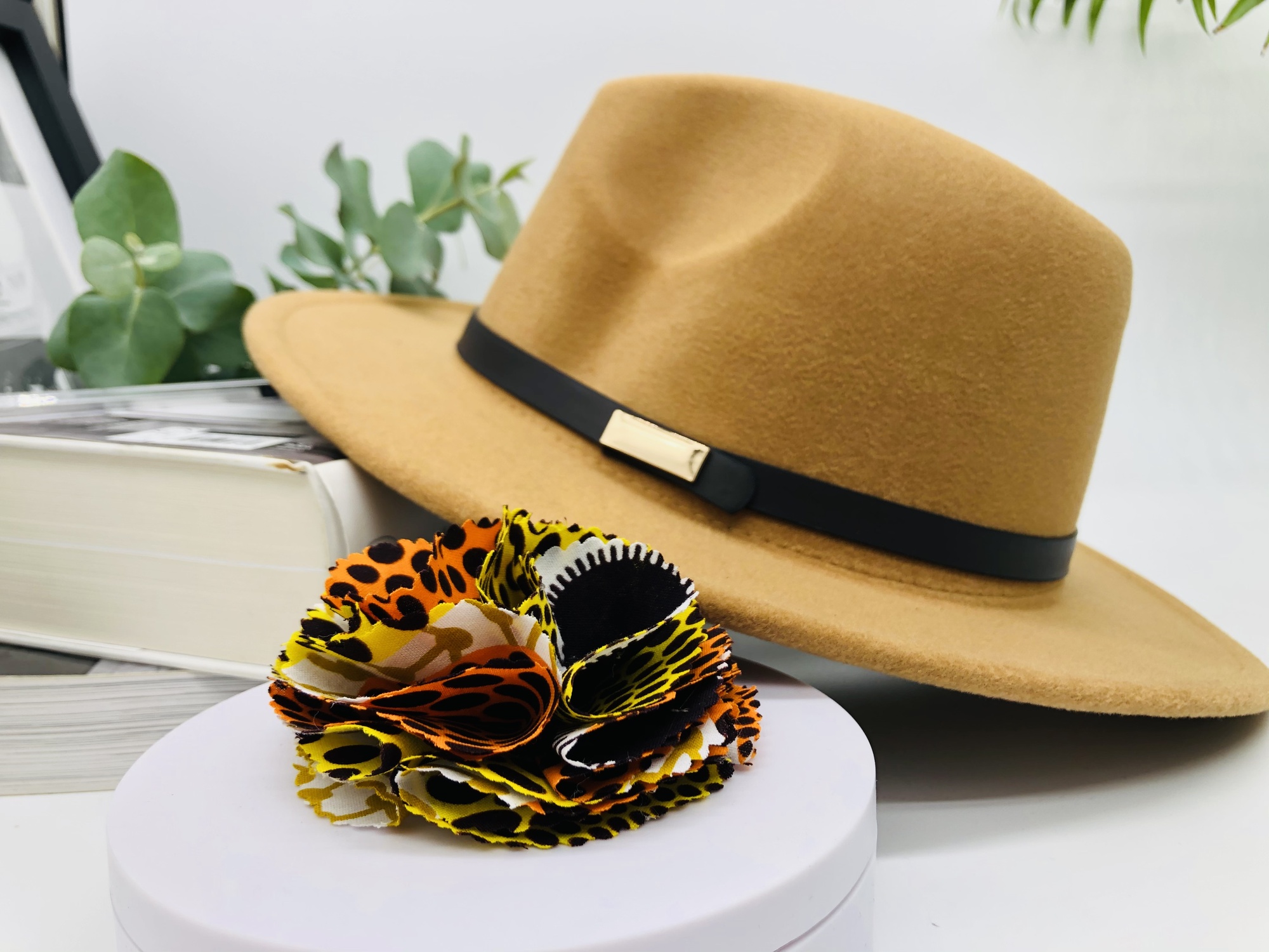 Beige Fedora Hat with Removable Duara African Print Pin - Image 9