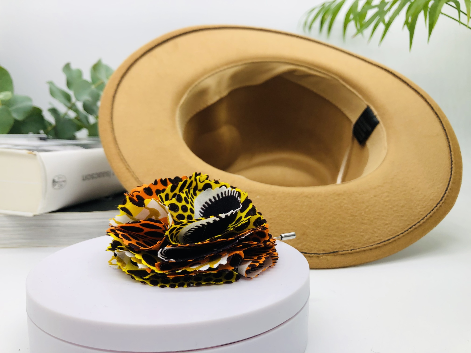 Beige Fedora Hat with Removable Duara African Print Pin - Image 8