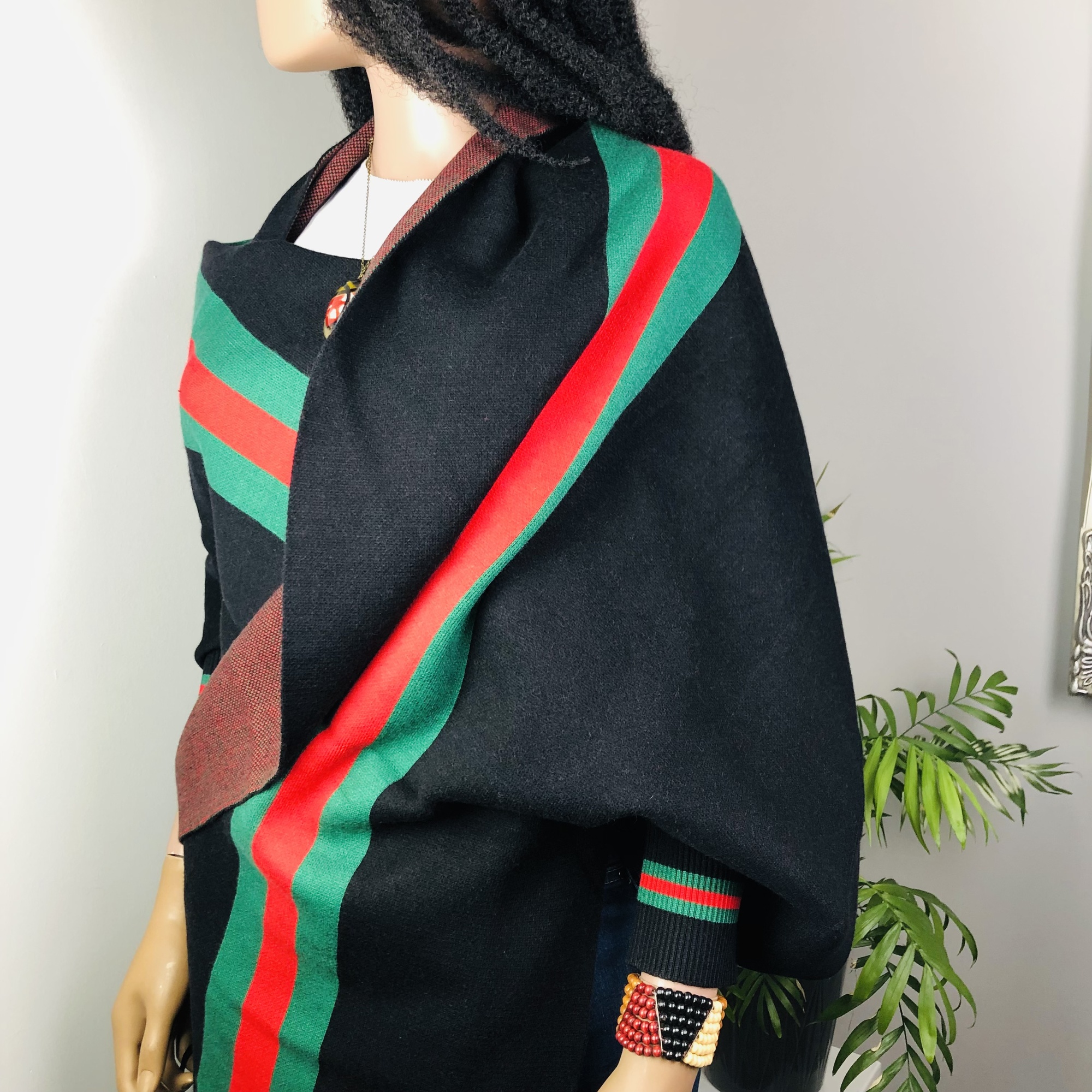 Ufulu Stripe Luxurious Cashmere Knitted Tassel Poncho Shawl with Sleeves - Black - Image 6