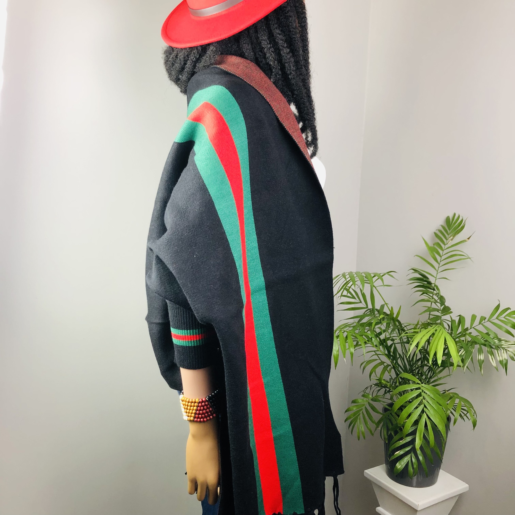 Ufulu Stripe Luxurious Cashmere Knitted Tassel Poncho Shawl with Sleeves - Black - Image 3