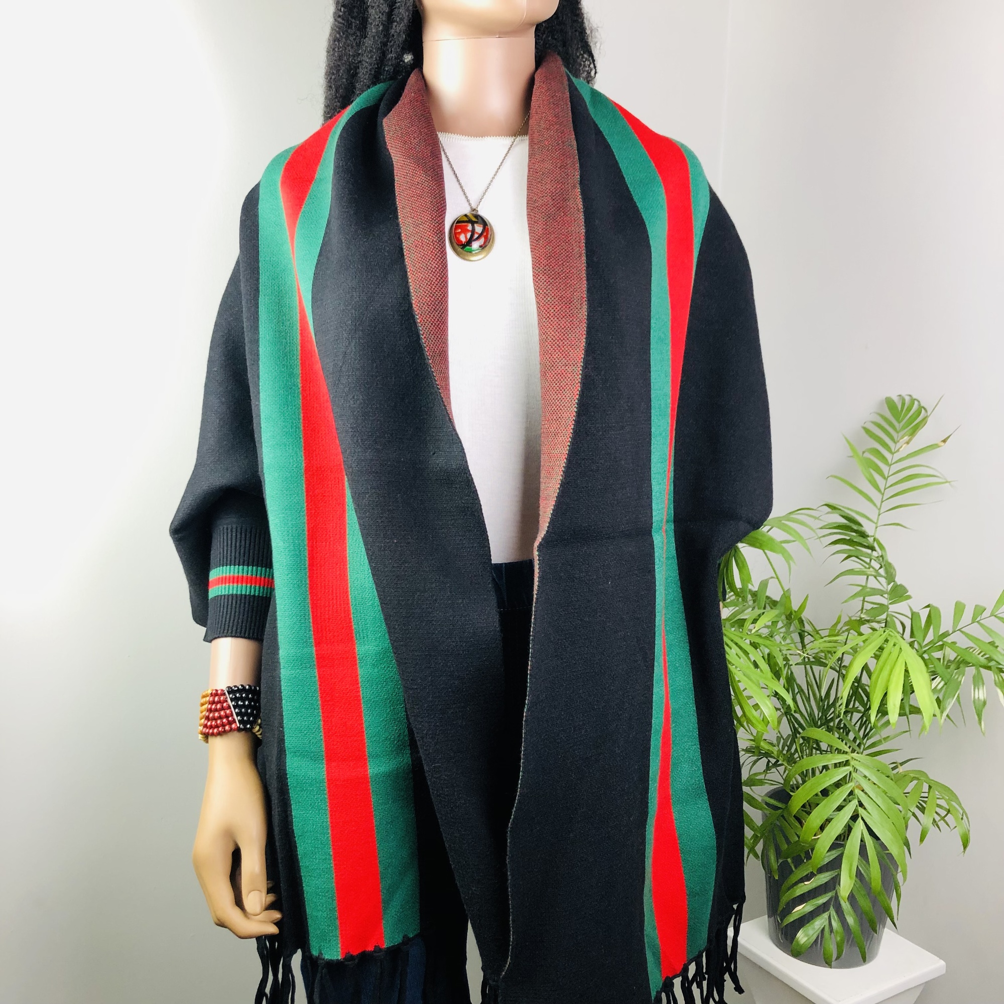 Ufulu Stripe Luxurious Cashmere Knitted Tassel Poncho Shawl with Sleeves - Black - Image 11