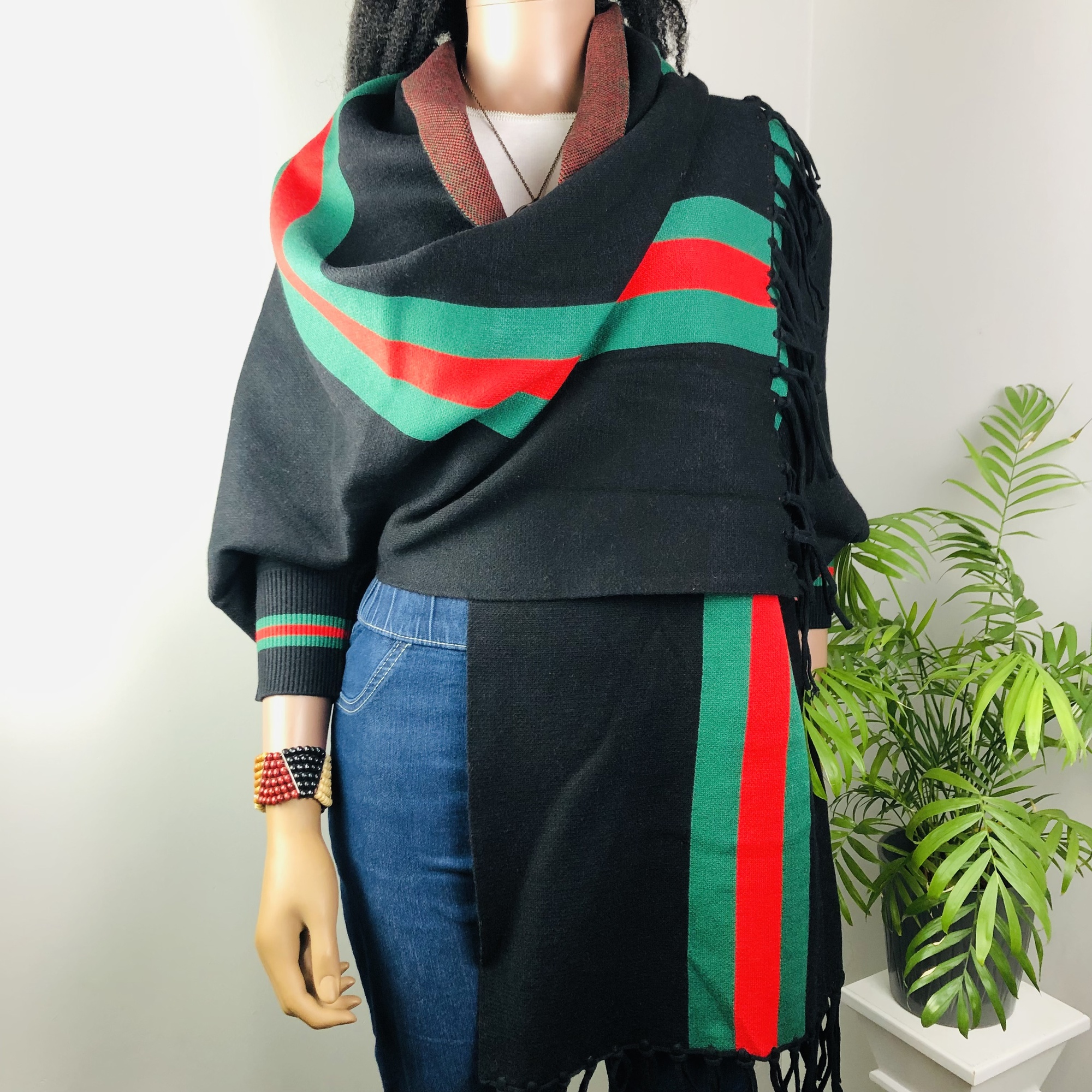 Ufulu Stripe Luxurious Cashmere Knitted Tassel Poncho Shawl with Sleeves - Black
