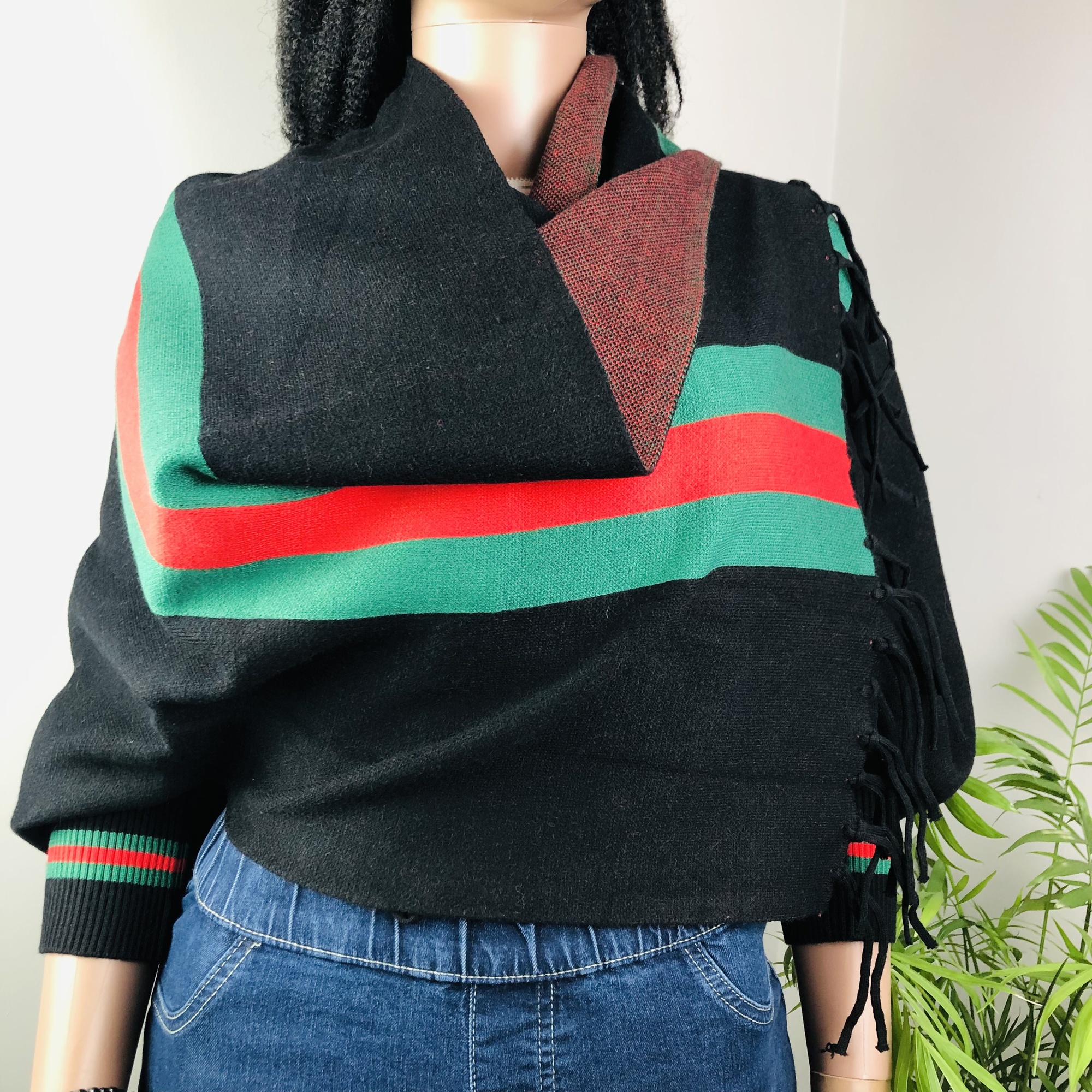 Ufulu Stripe Luxurious Cashmere Knitted Tassel Poncho Shawl with Sleeves - Black - Image 9