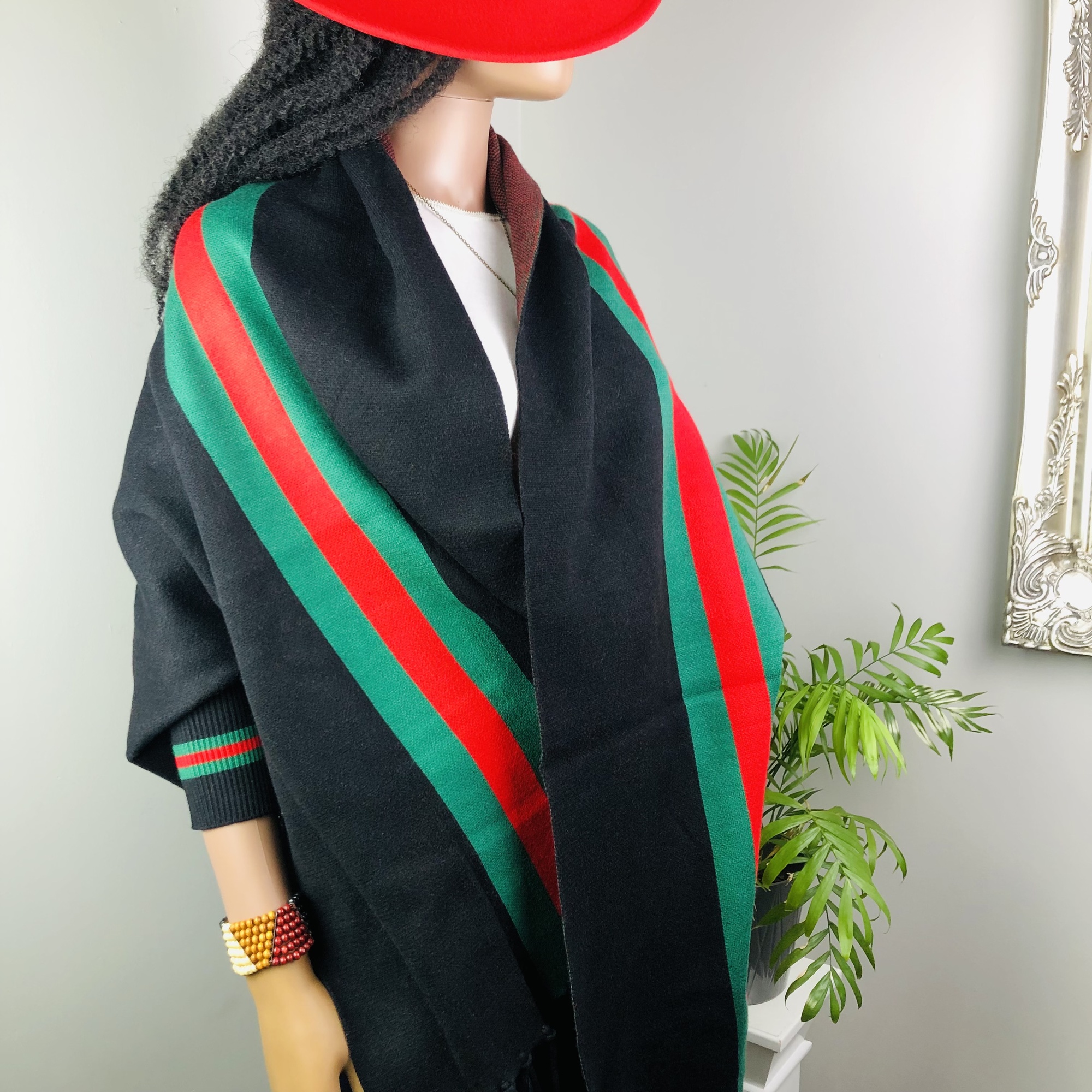 Ufulu Stripe Luxurious Cashmere Knitted Tassel Poncho Shawl with Sleeves - Black - Image 8