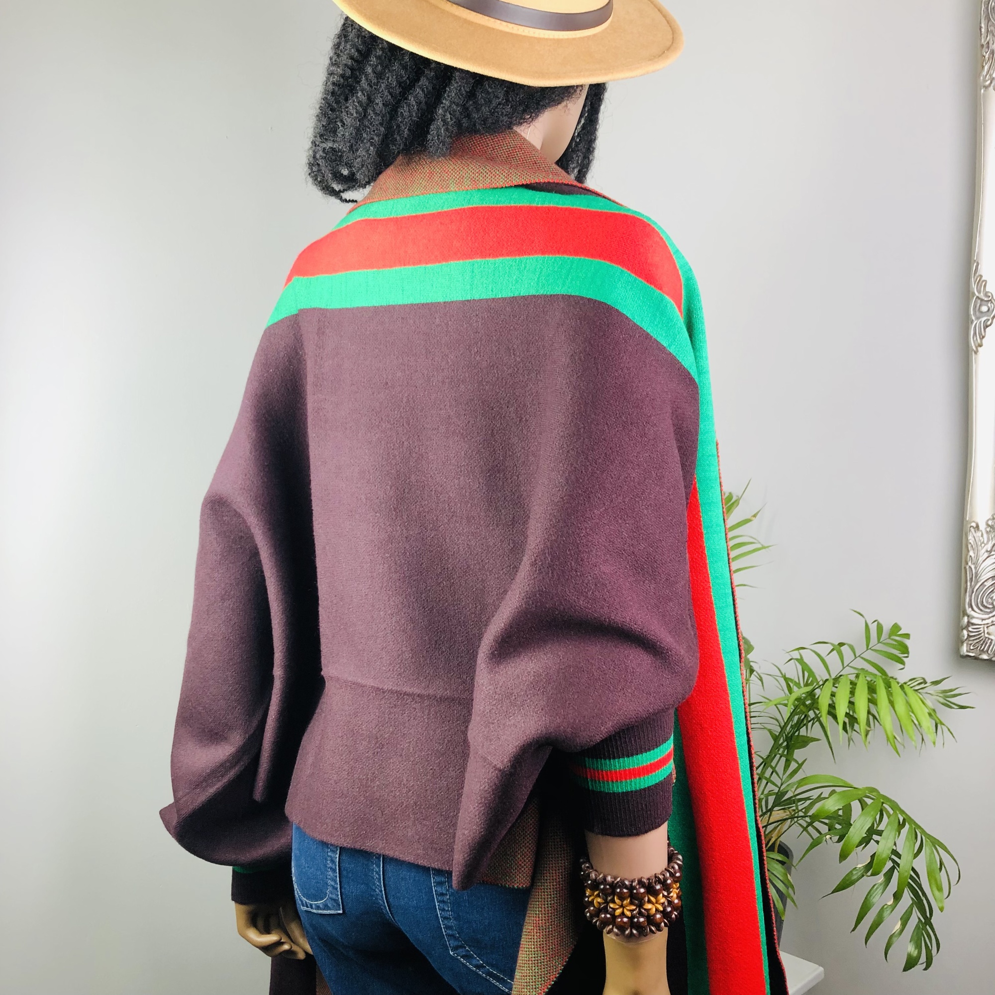 Ufulu Stripe Luxurious Cashmere Knitted Tassel Poncho Shawl with Sleeves - Coffee - Image 4