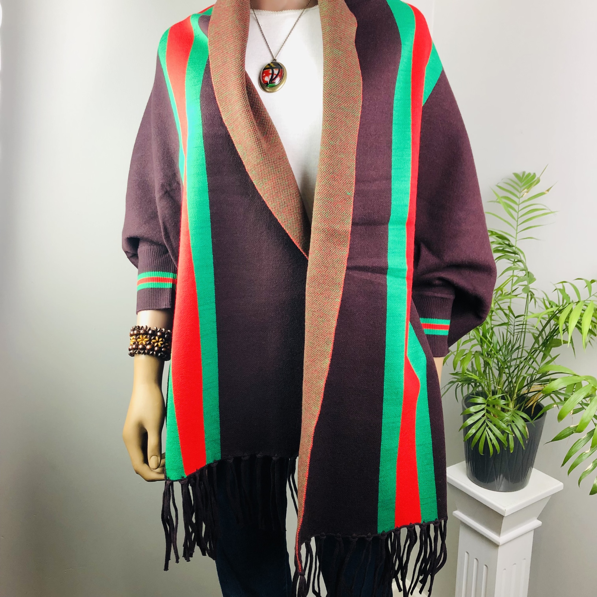 Ufulu Stripe Luxurious Cashmere Knitted Tassel Poncho Shawl with Sleeves - Coffee - Image 8