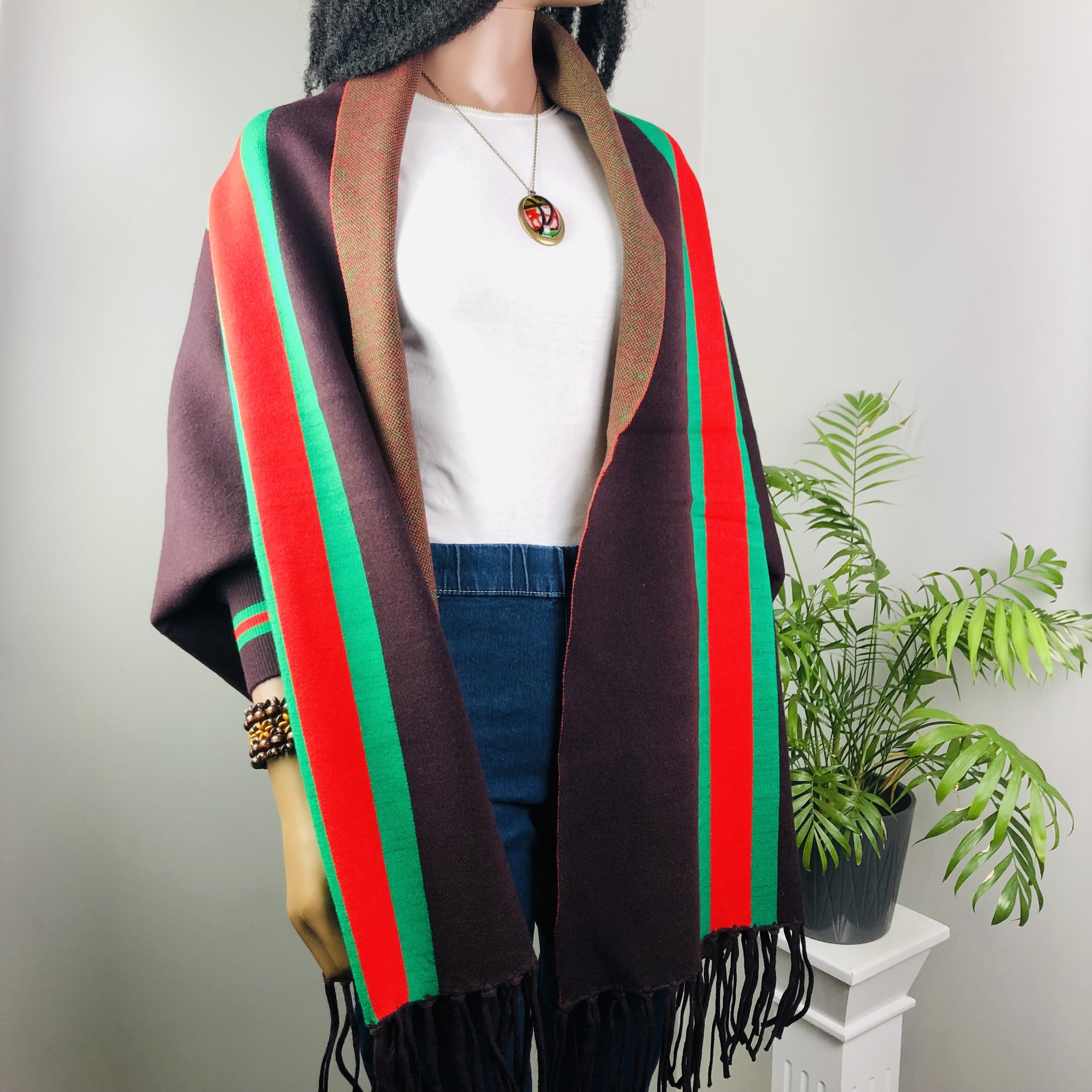 Ufulu Stripe Luxurious Cashmere Knitted Tassel Poncho Shawl with Sleeves - Coffee - Image 7