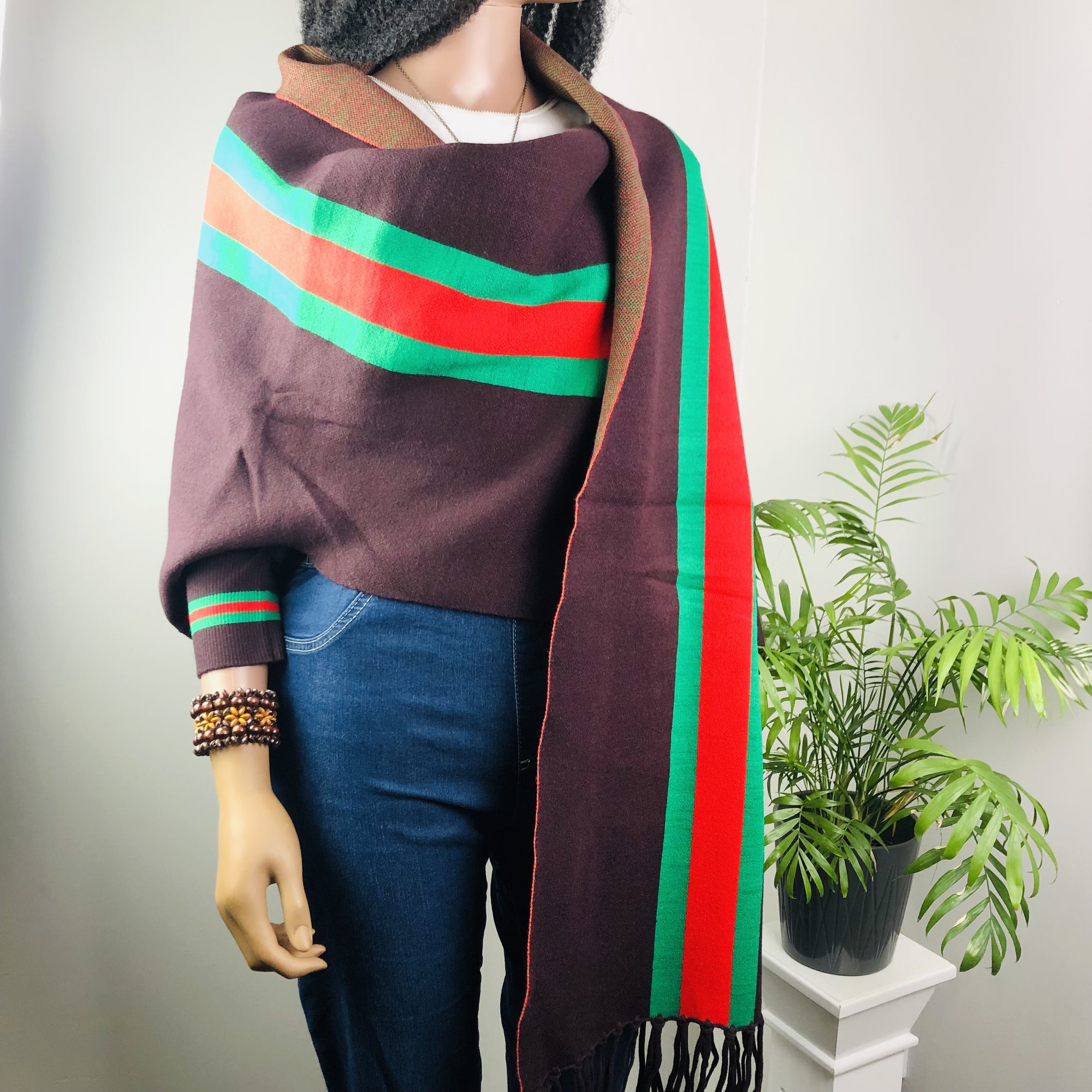 Ufulu Stripe Luxurious Cashmere Knitted Tassel Poncho Shawl with Sleeves - Coffee - Image 6