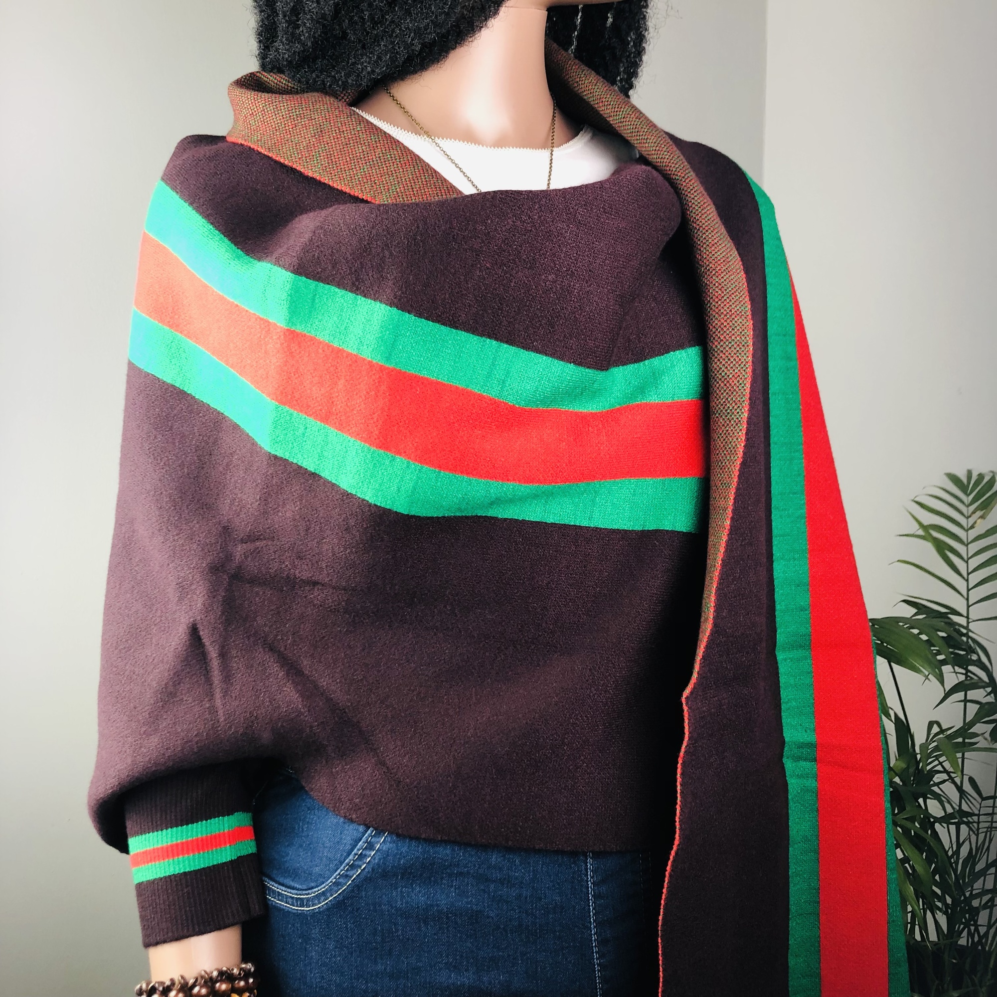 Ufulu Stripe Luxurious Cashmere Knitted Tassel Poncho Shawl with Sleeves - Coffee - Image 5