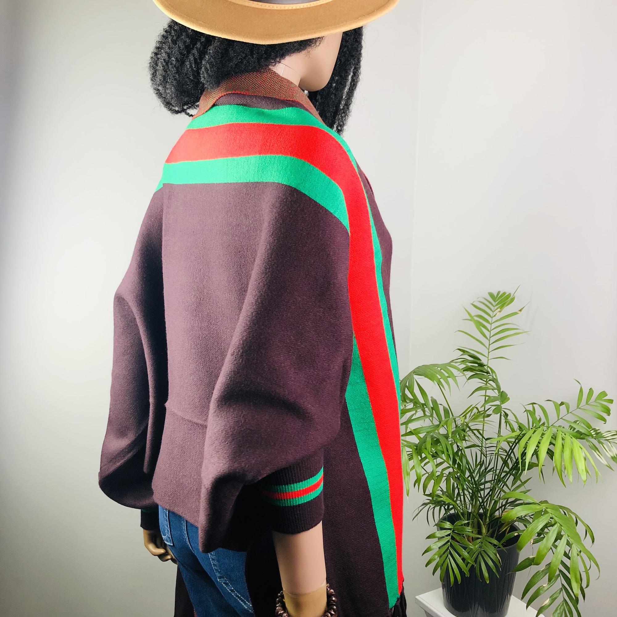 Ufulu Stripe Luxurious Cashmere Knitted Tassel Poncho Shawl with Sleeves - Coffee - Image 3