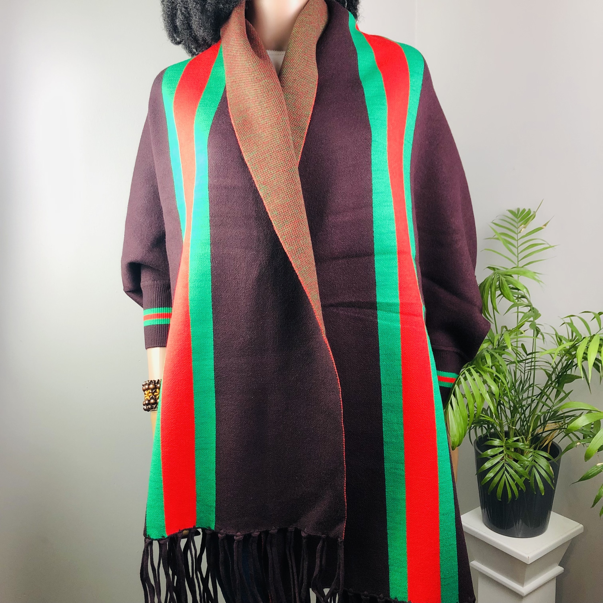 Ufulu Stripe Luxurious Cashmere Knitted Tassel Poncho Shawl with Sleeves - Coffee - Image 13