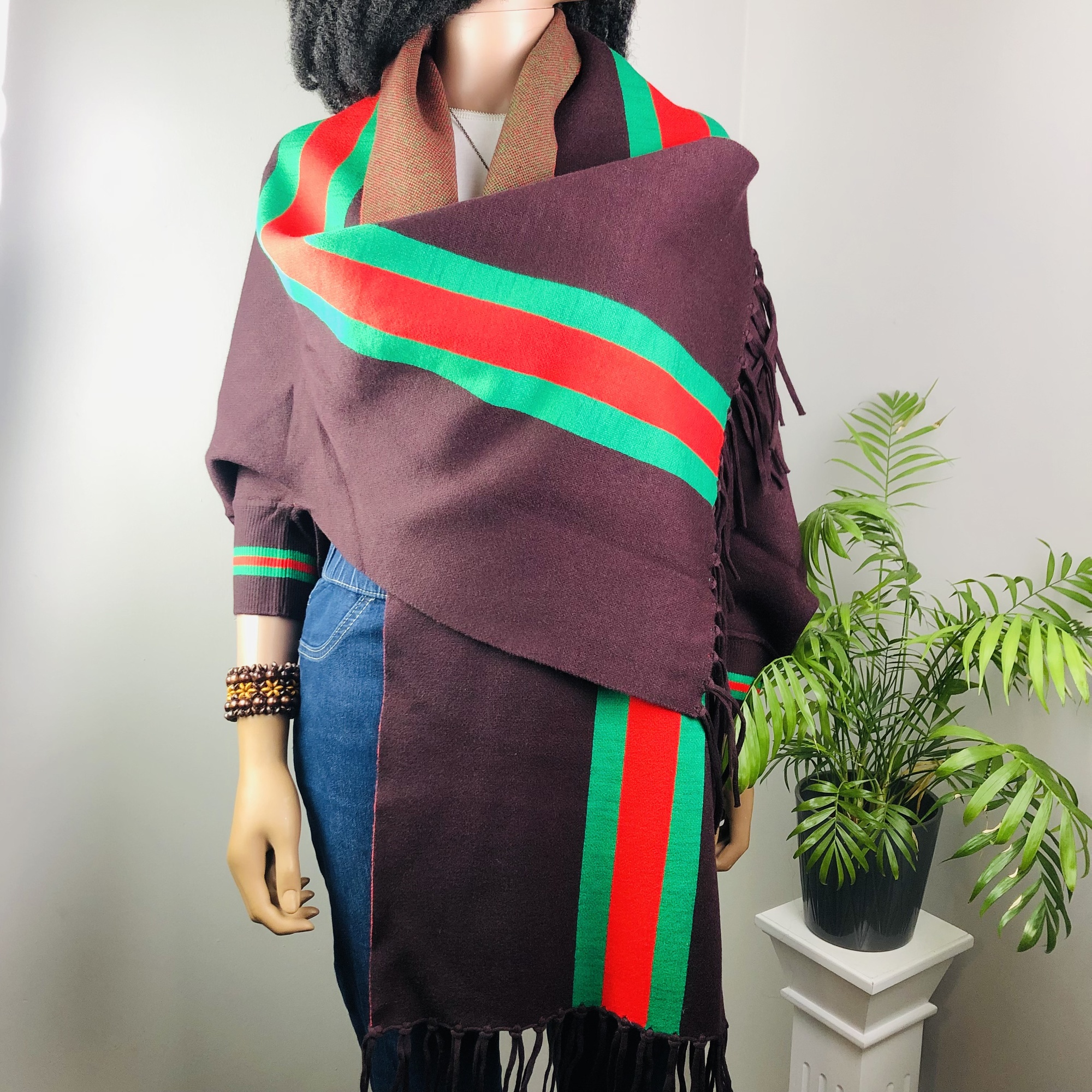 Ufulu Stripe Luxurious Cashmere Knitted Tassel Poncho Shawl with Sleeves - Coffee - Image 12