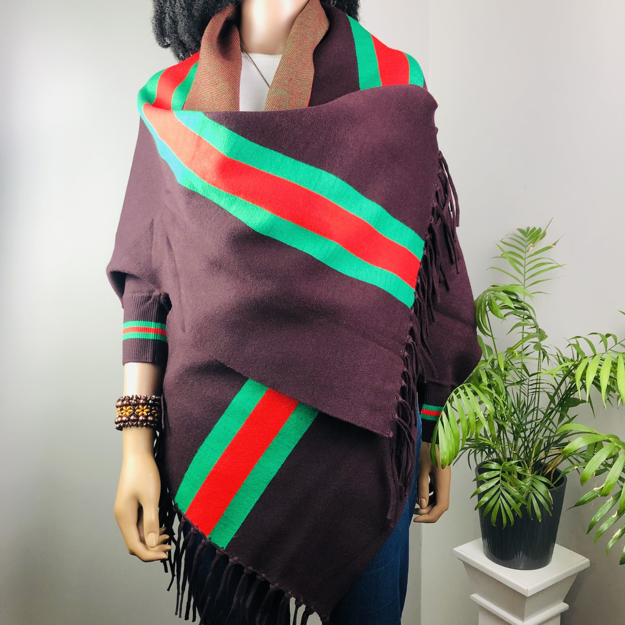 Ufulu Stripe Luxurious Cashmere Knitted Tassel Poncho Shawl with Sleeves - Coffee