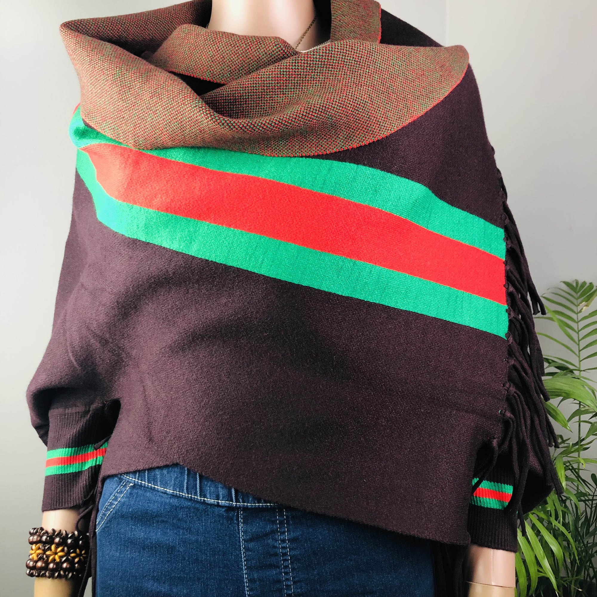 Ufulu Stripe Luxurious Cashmere Knitted Tassel Poncho Shawl with Sleeves - Coffee - Image 11