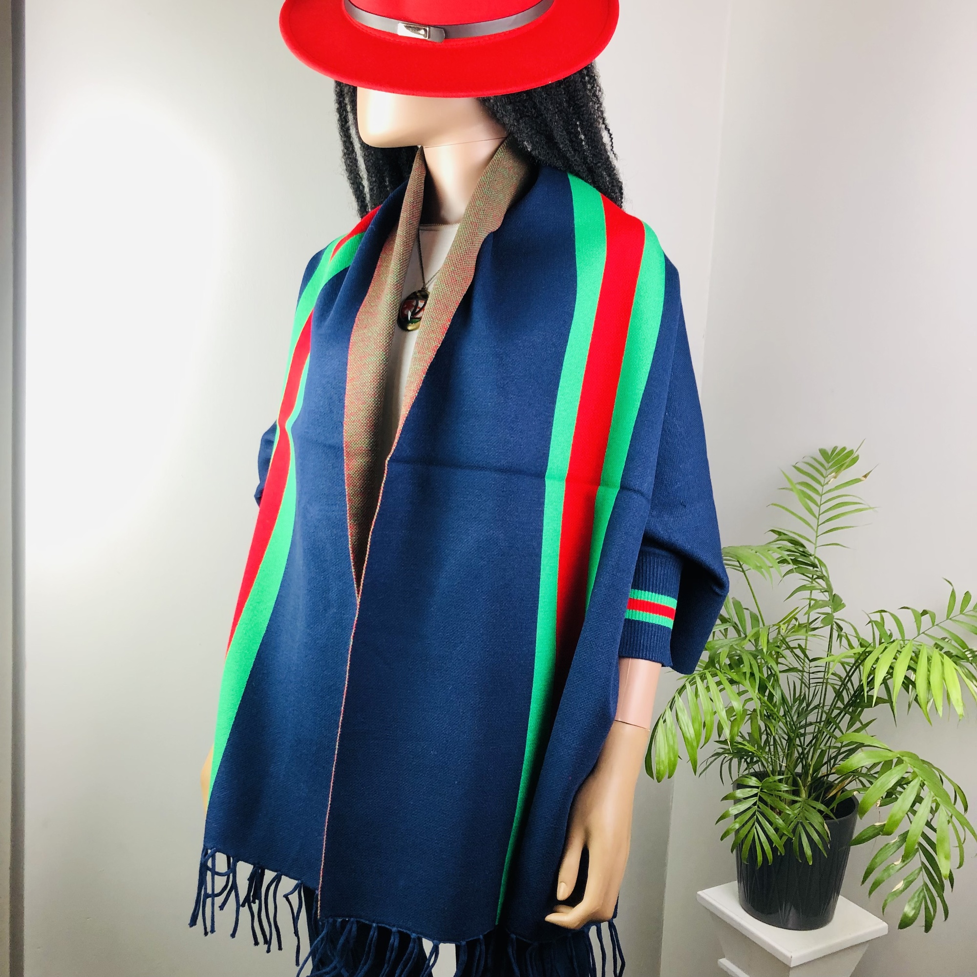 Ufulu Stripe Luxurious Cashmere Knitted Tassel Poncho Shawl with Sleeves - Navy Blue - Image 3