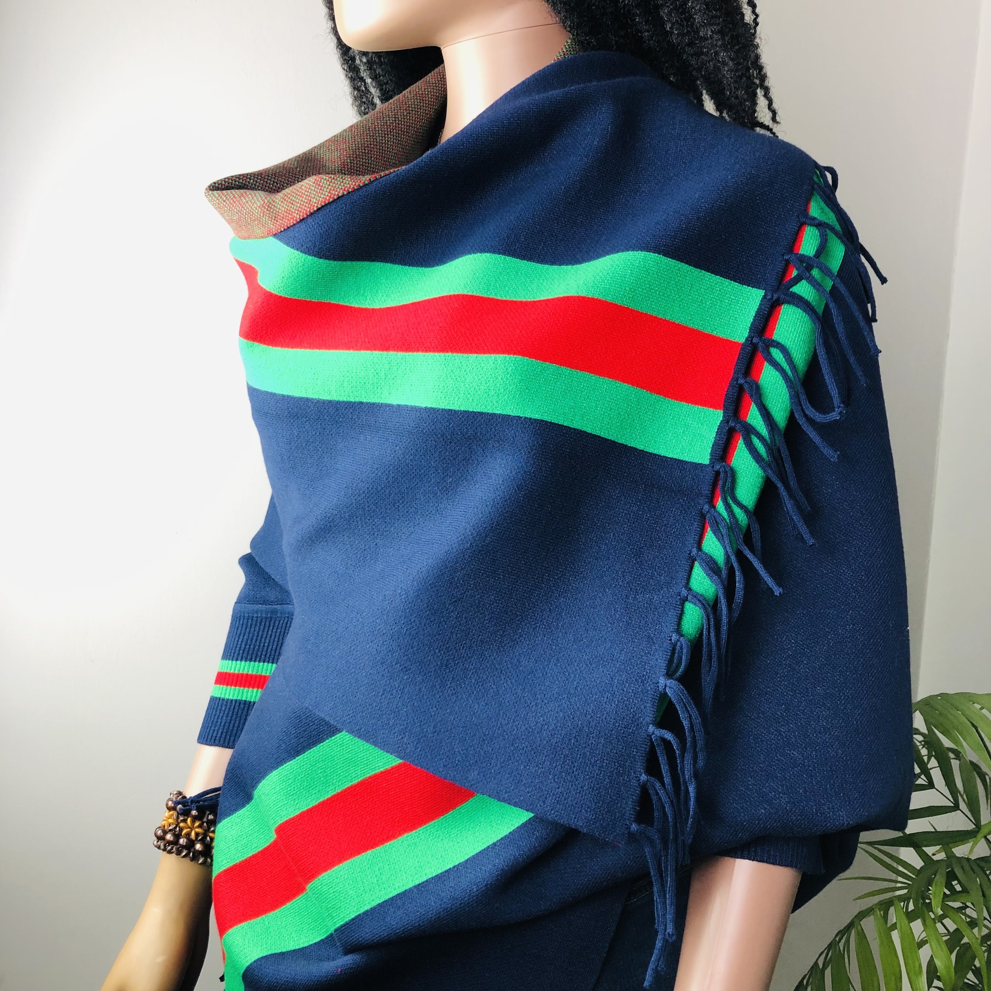 Ufulu Stripe Luxurious Cashmere Knitted Tassel Poncho Shawl with Sleeves - Navy Blue - Image 7
