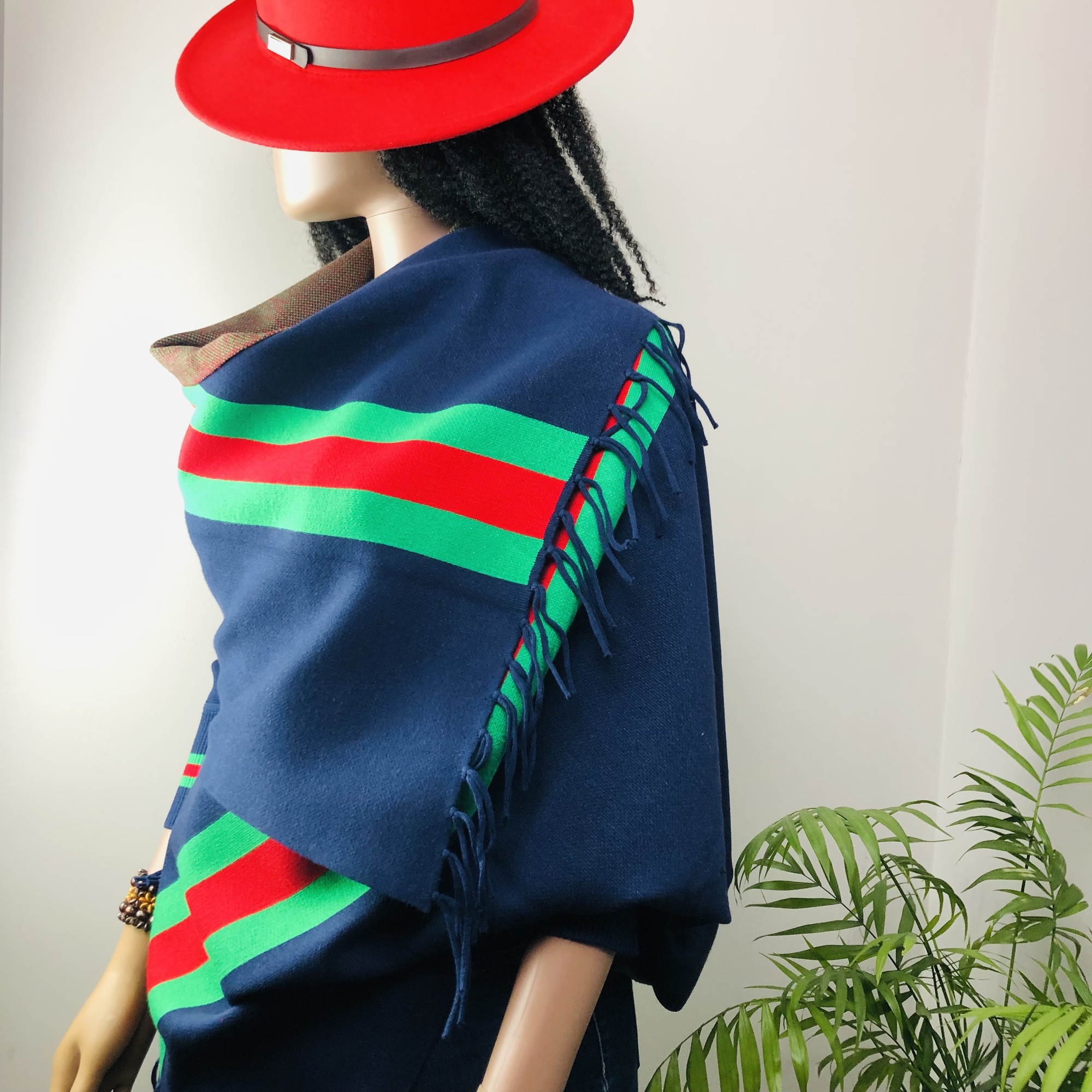 Ufulu Stripe Luxurious Cashmere Knitted Tassel Poncho Shawl with Sleeves - Navy Blue - Image 6