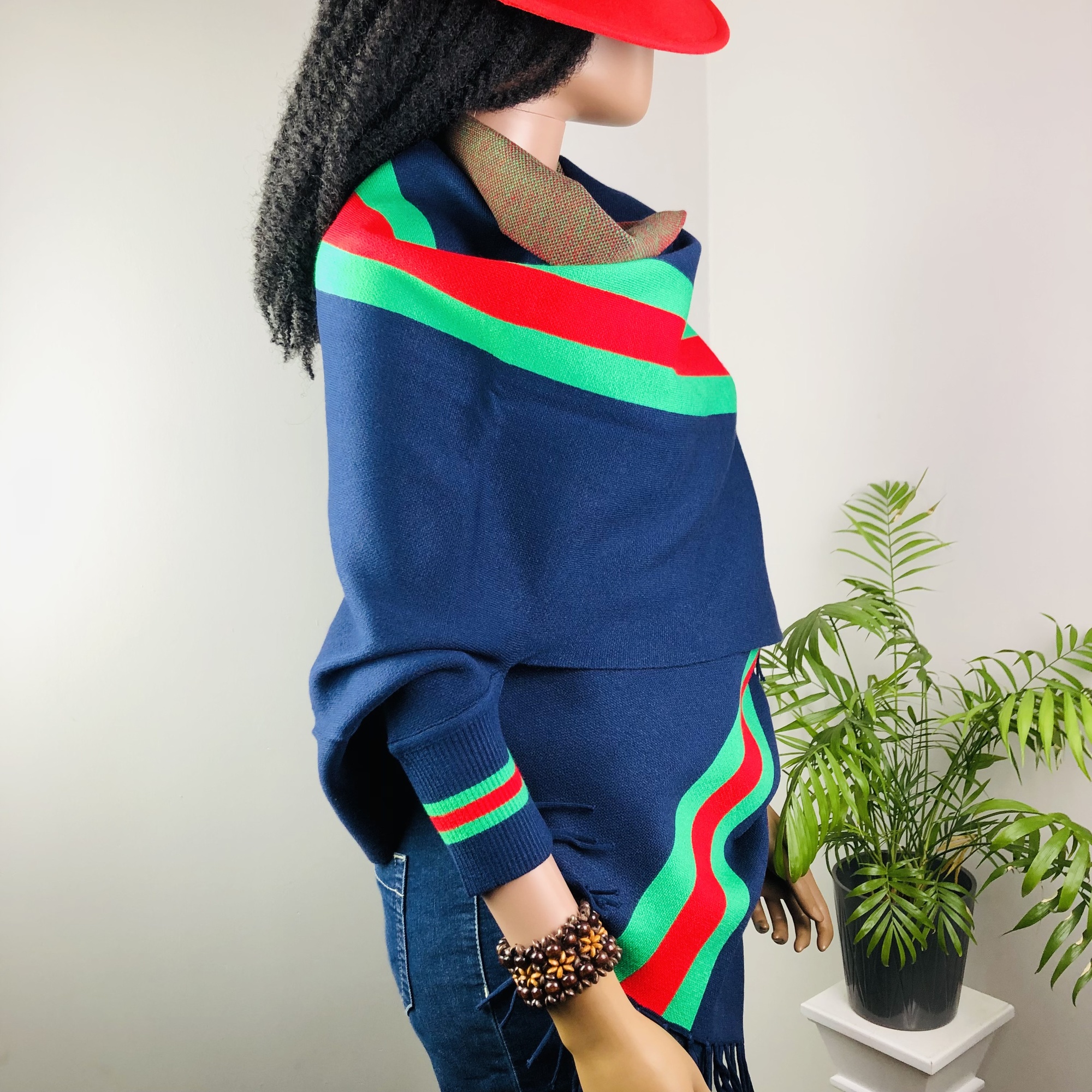Ufulu Stripe Luxurious Cashmere Knitted Tassel Poncho Shawl with Sleeves - Navy Blue - Image 5