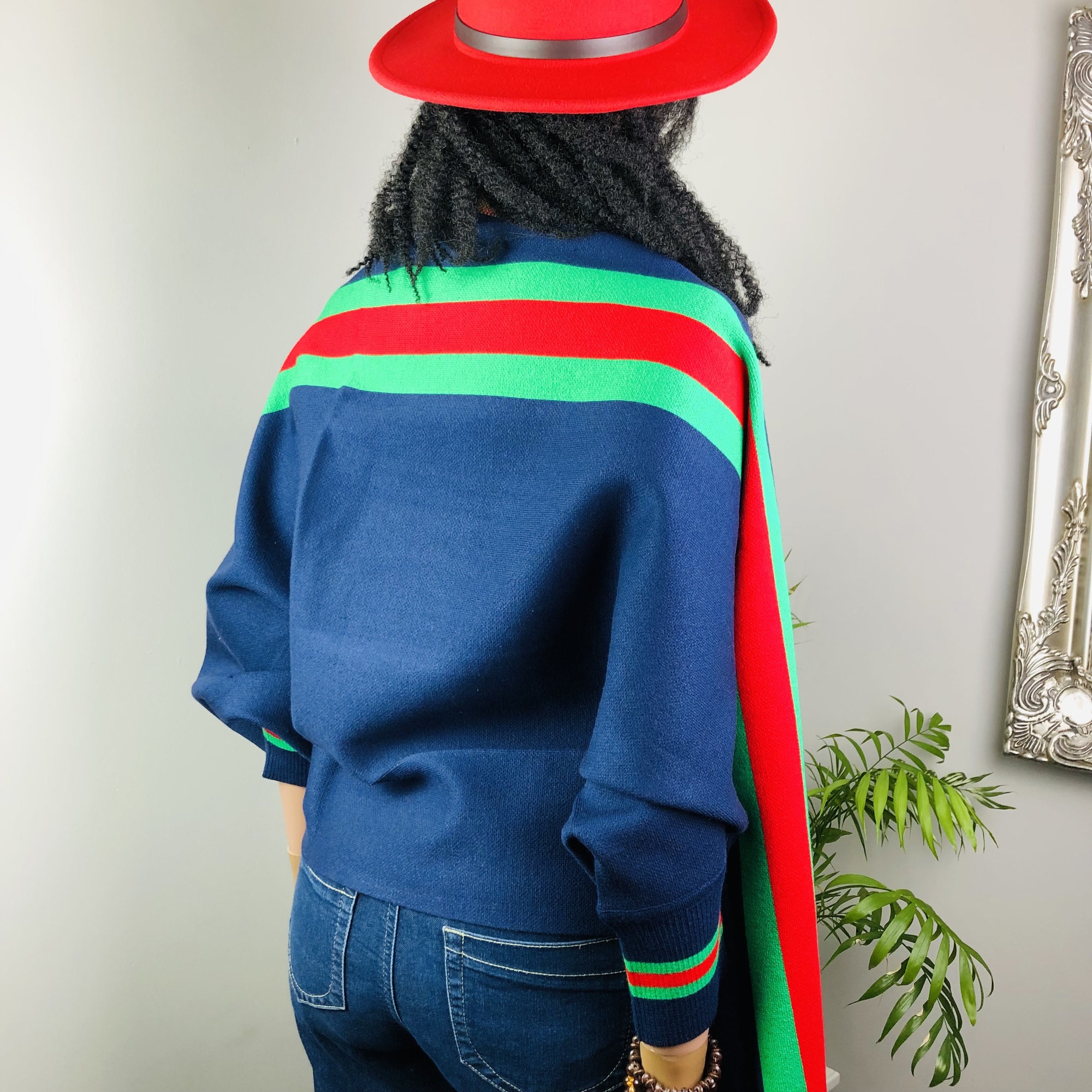 Ufulu Stripe Luxurious Cashmere Knitted Tassel Poncho Shawl with Sleeves - Navy Blue - Image 4