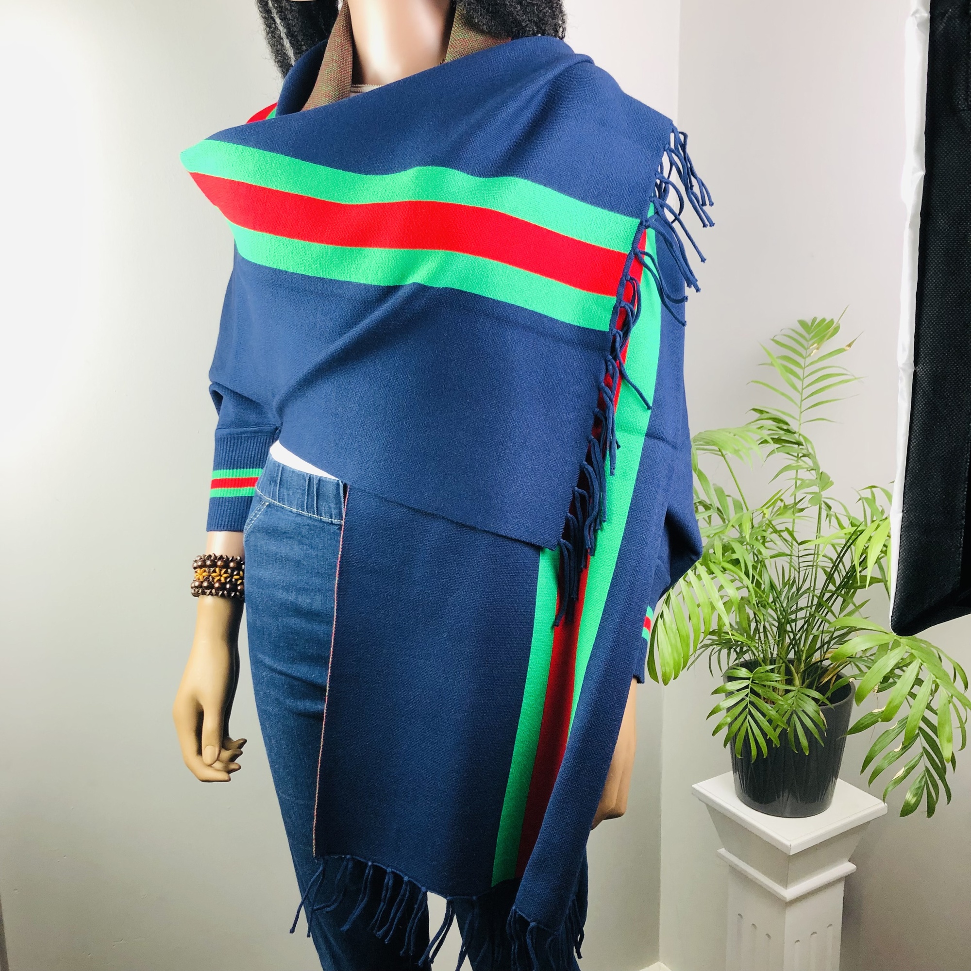 Ufulu Stripe Luxurious Cashmere Knitted Tassel Poncho Shawl with Sleeves - Navy Blue - Image 12