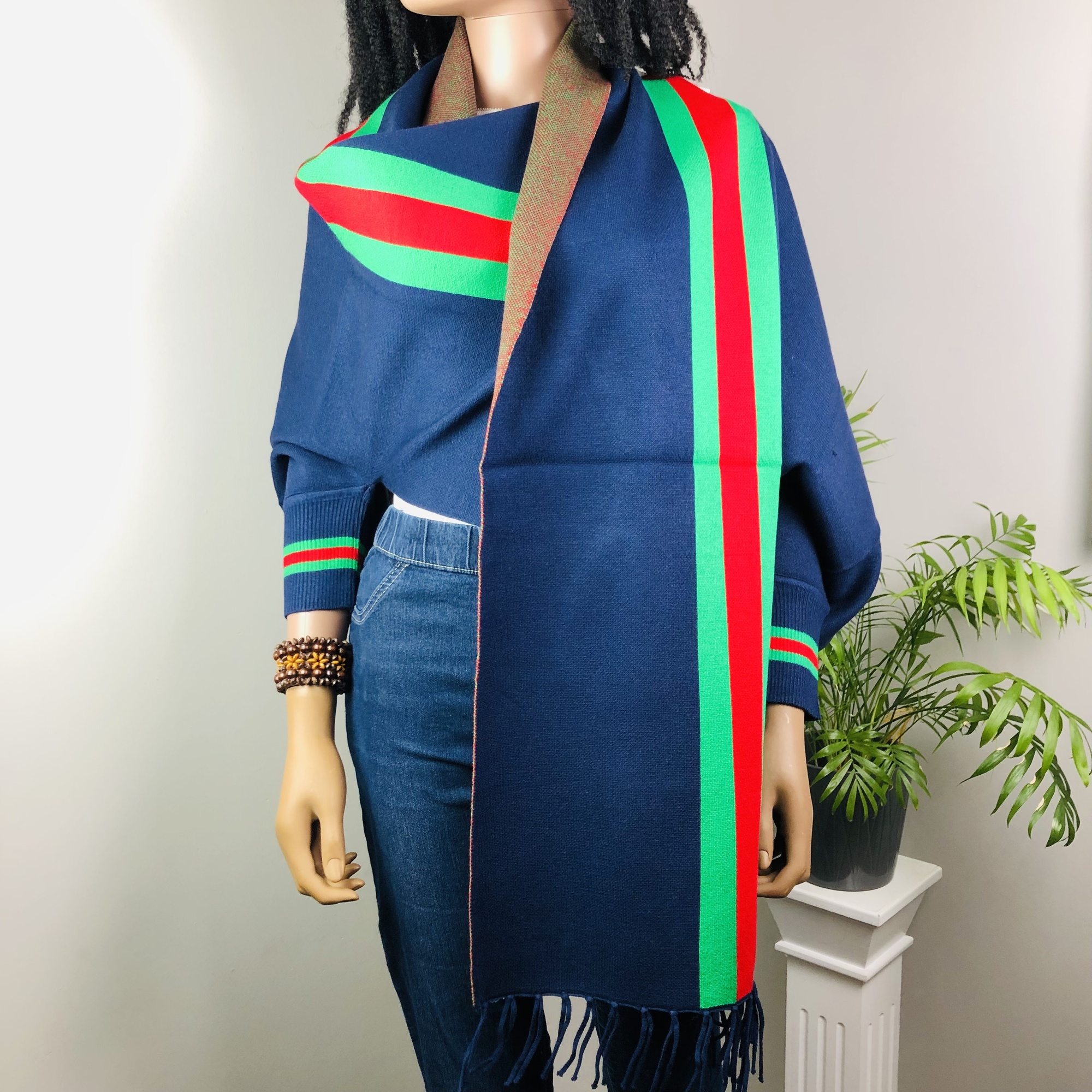 Ufulu Stripe Luxurious Cashmere Knitted Tassel Poncho Shawl with Sleeves - Navy Blue