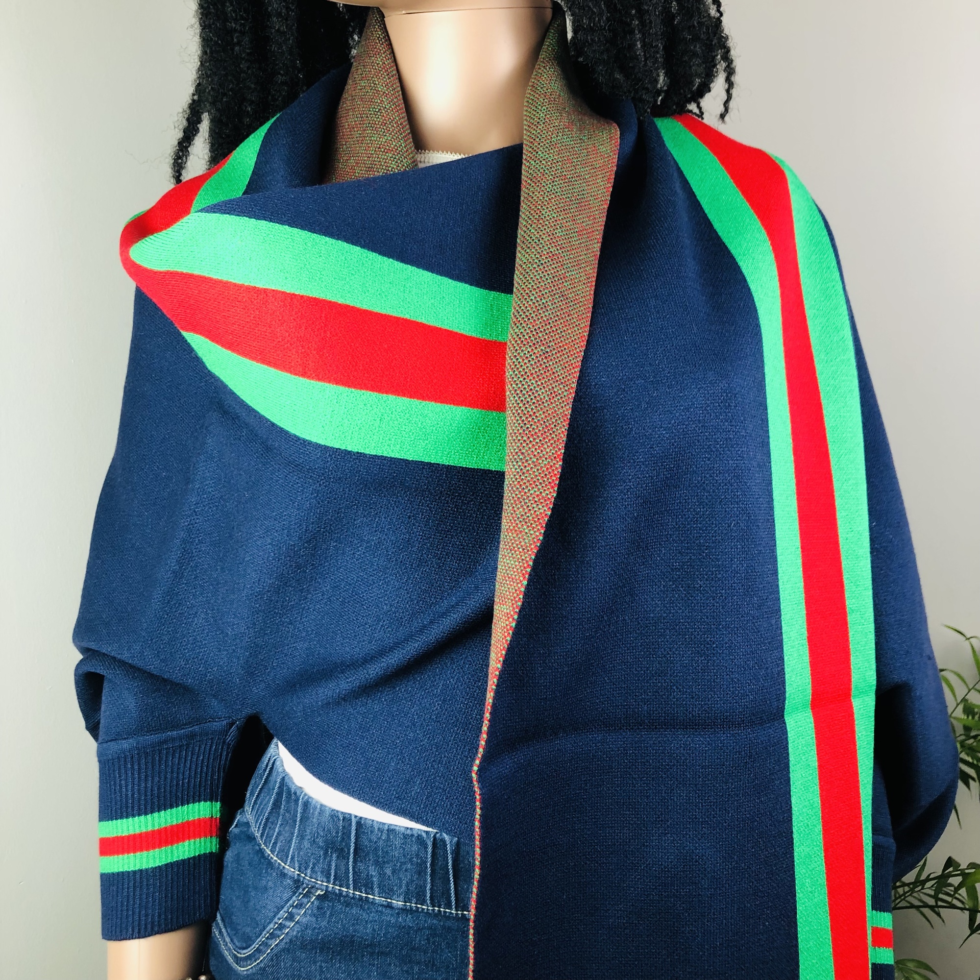 Ufulu Stripe Luxurious Cashmere Knitted Tassel Poncho Shawl with Sleeves - Navy Blue - Image 11