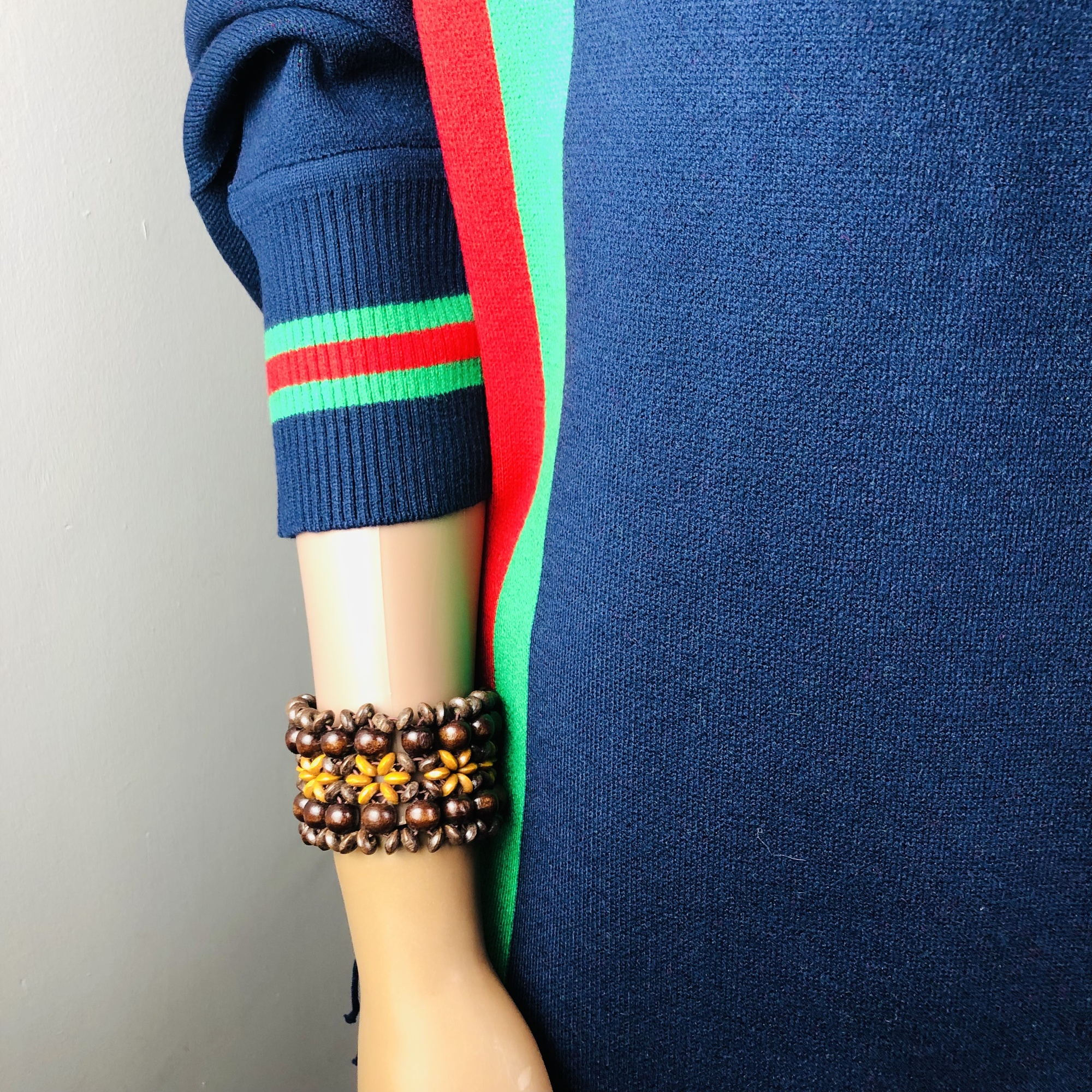 Ufulu Stripe Luxurious Cashmere Knitted Tassel Poncho Shawl with Sleeves - Navy Blue - Image 10