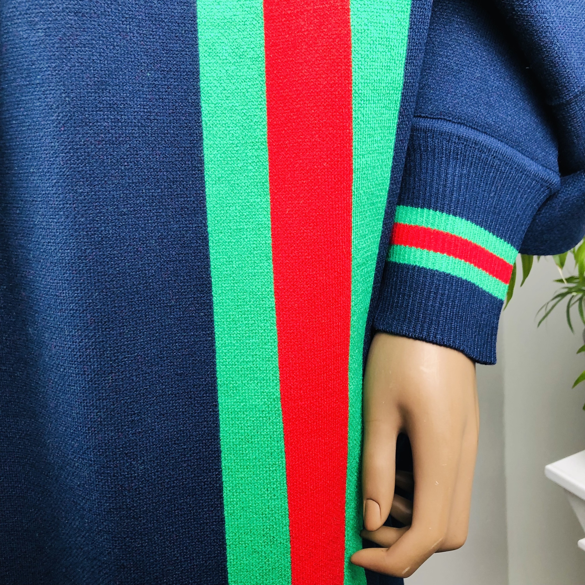 Ufulu Stripe Luxurious Cashmere Knitted Tassel Poncho Shawl with Sleeves - Navy Blue - Image 8