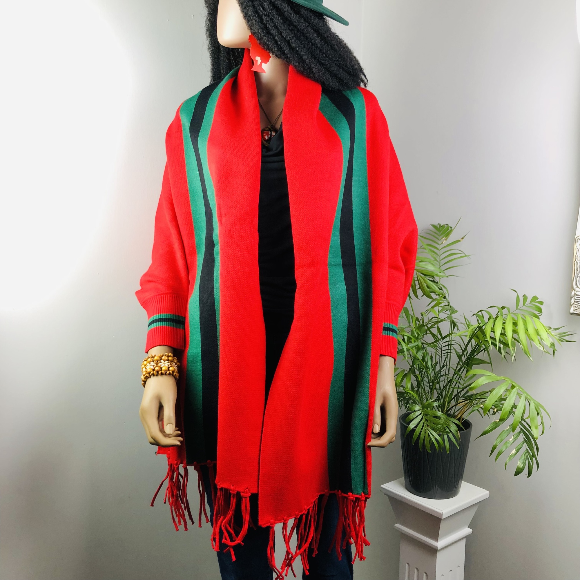 Ufulu Stripe Luxurious Cashmere Knitted Tassel Poncho Shawl with Sleeves - Red - Image 4