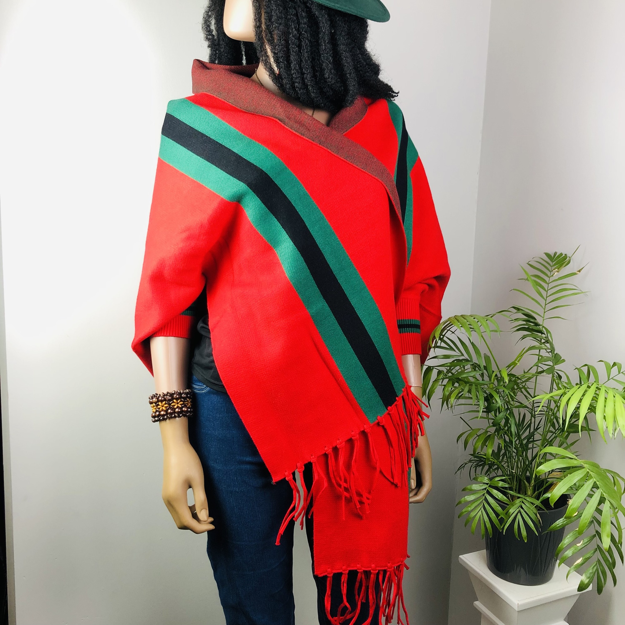 Ufulu Stripe Luxurious Cashmere Knitted Tassel Poncho Shawl with Sleeves - Red