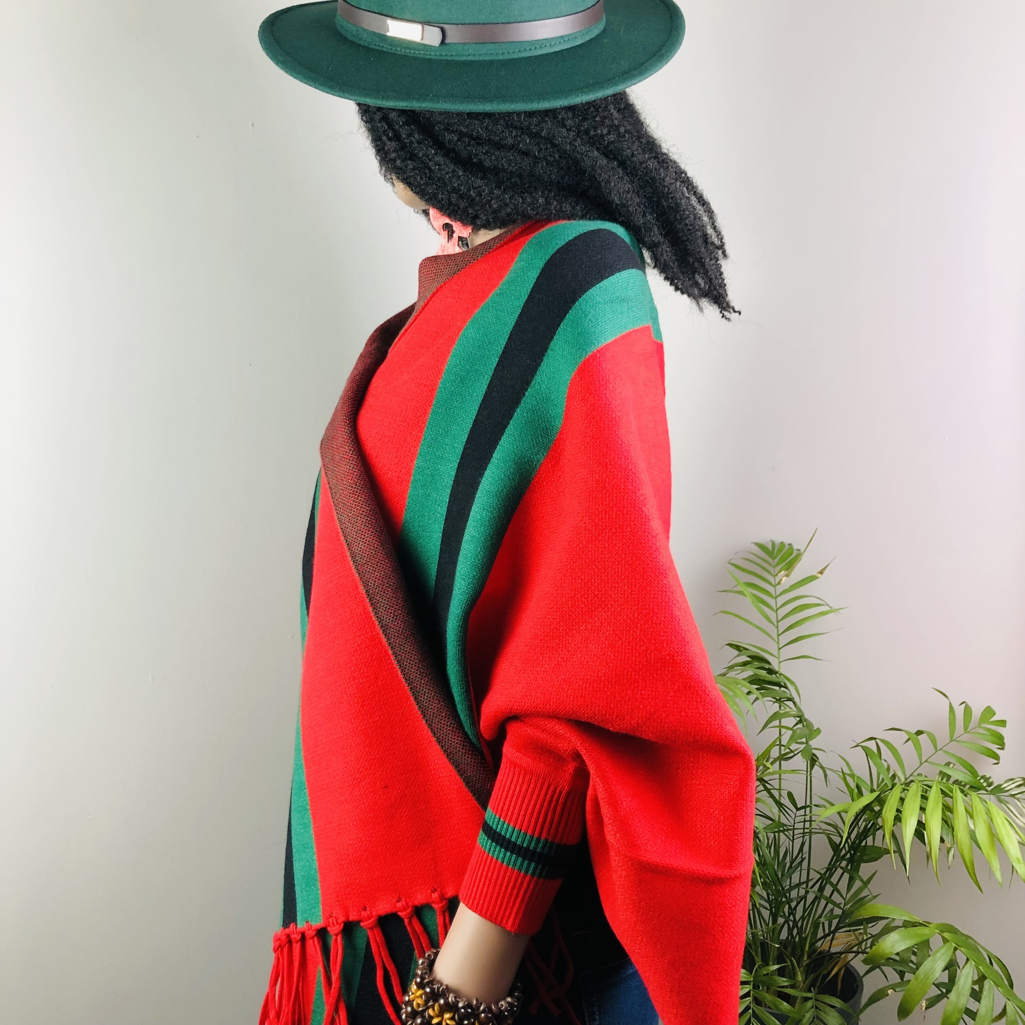 Ufulu Stripe Luxurious Cashmere Knitted Tassel Poncho Shawl with Sleeves - Red - Image 7