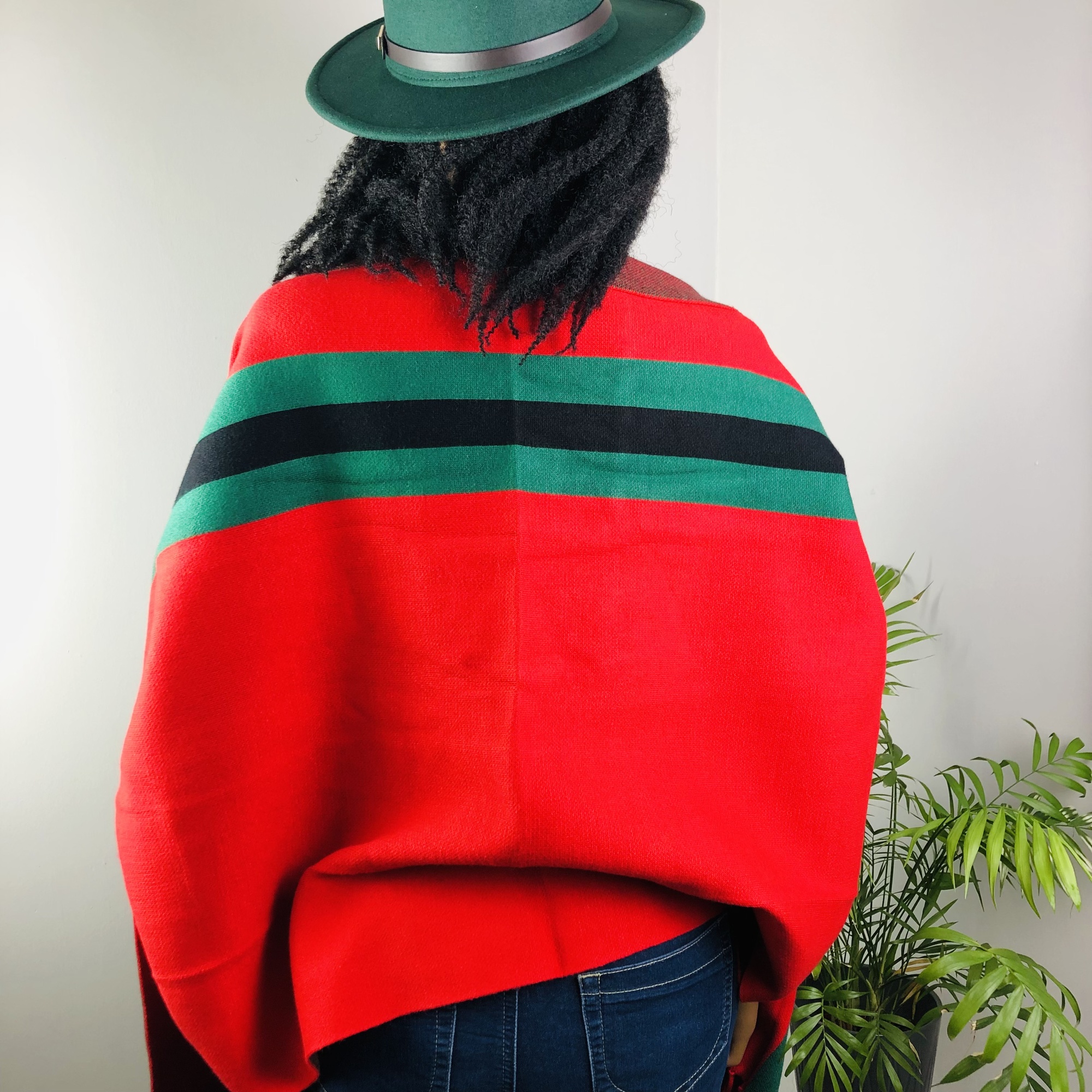 Ufulu Stripe Luxurious Cashmere Knitted Tassel Poncho Shawl with Sleeves - Red - Image 6