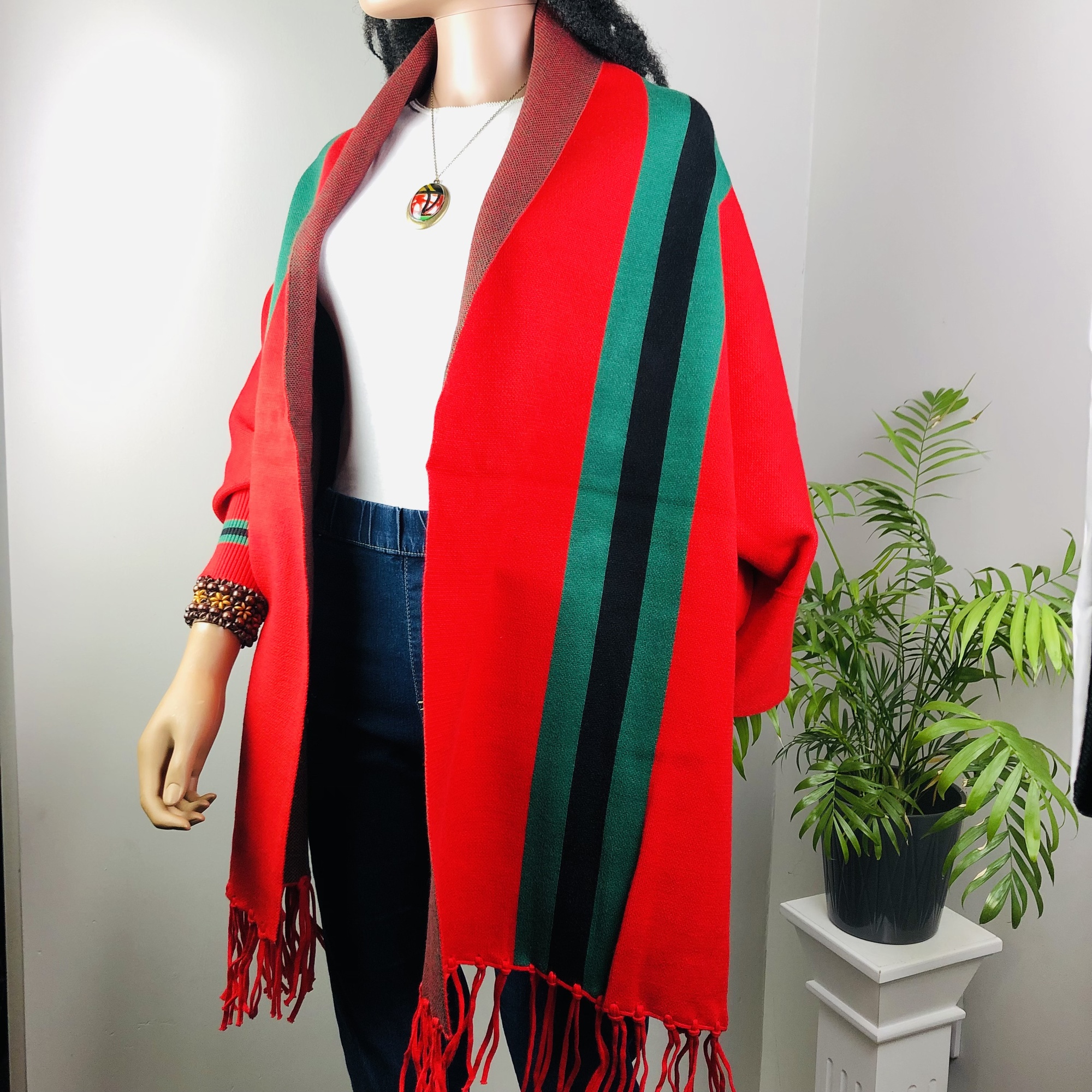 Ufulu Stripe Luxurious Cashmere Knitted Tassel Poncho Shawl with Sleeves - Red - Image 5