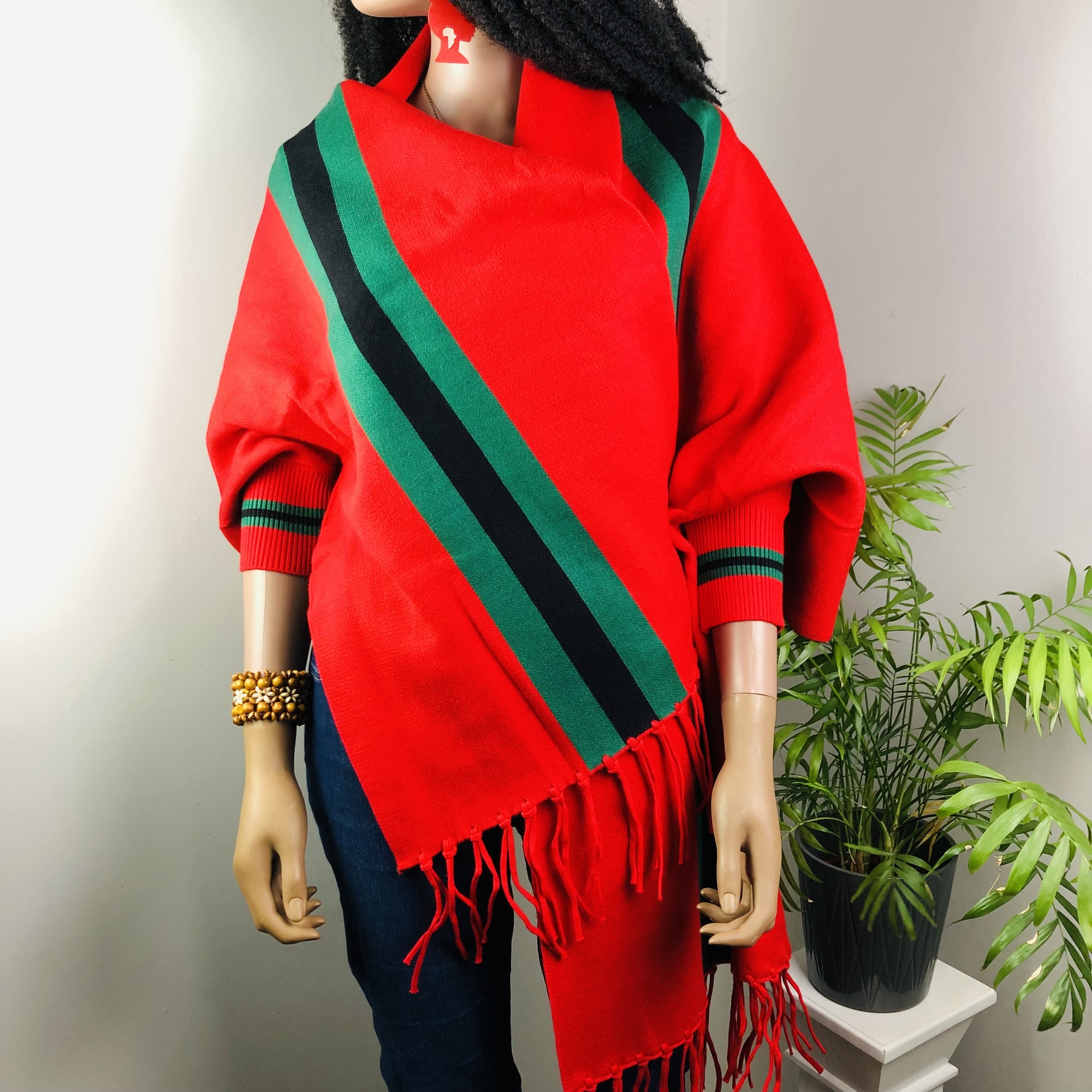 Ufulu Stripe Luxurious Cashmere Knitted Tassel Poncho Shawl with Sleeves - Red - Image 3