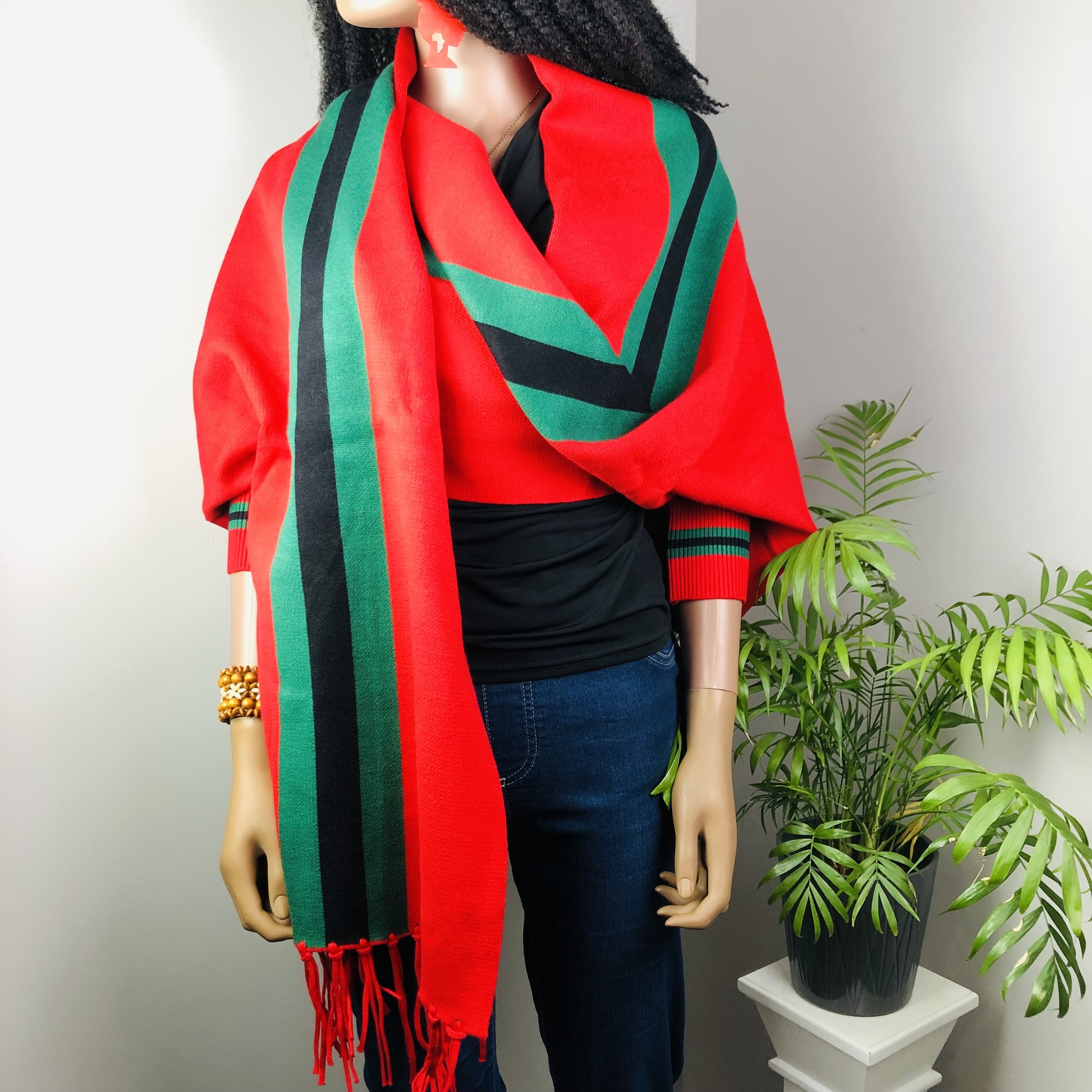 Ufulu Stripe Luxurious Cashmere Knitted Tassel Poncho Shawl with Sleeves - Red - Image 12