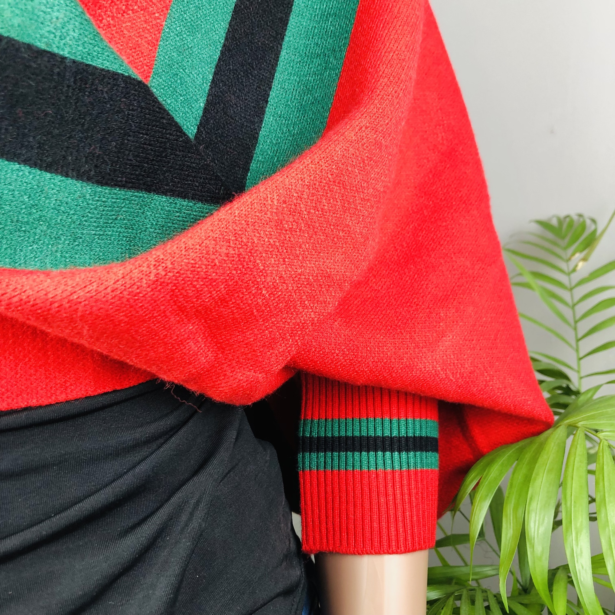 Ufulu Stripe Luxurious Cashmere Knitted Tassel Poncho Shawl with Sleeves - Red - Image 11