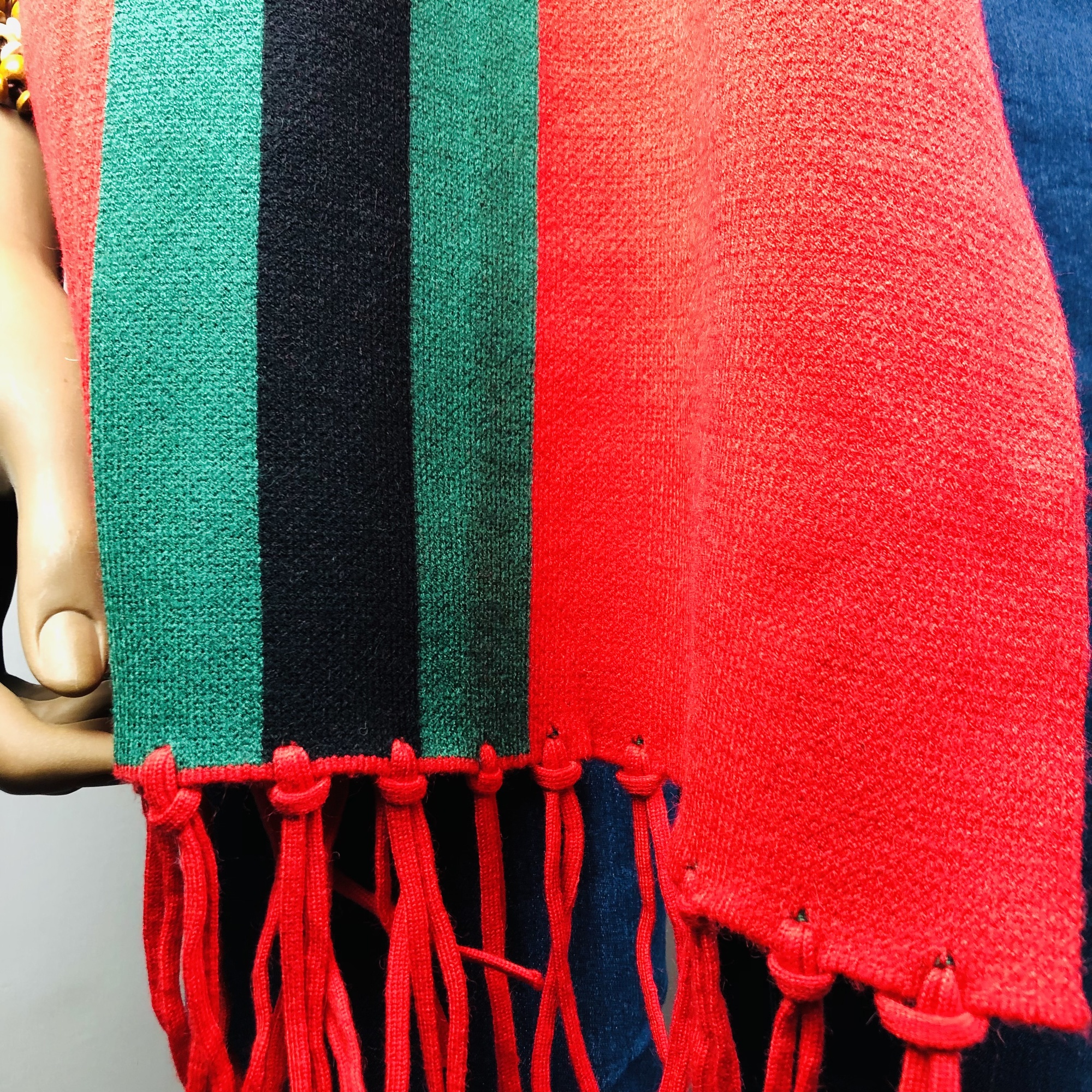 Ufulu Stripe Luxurious Cashmere Knitted Tassel Poncho Shawl with Sleeves - Red - Image 10