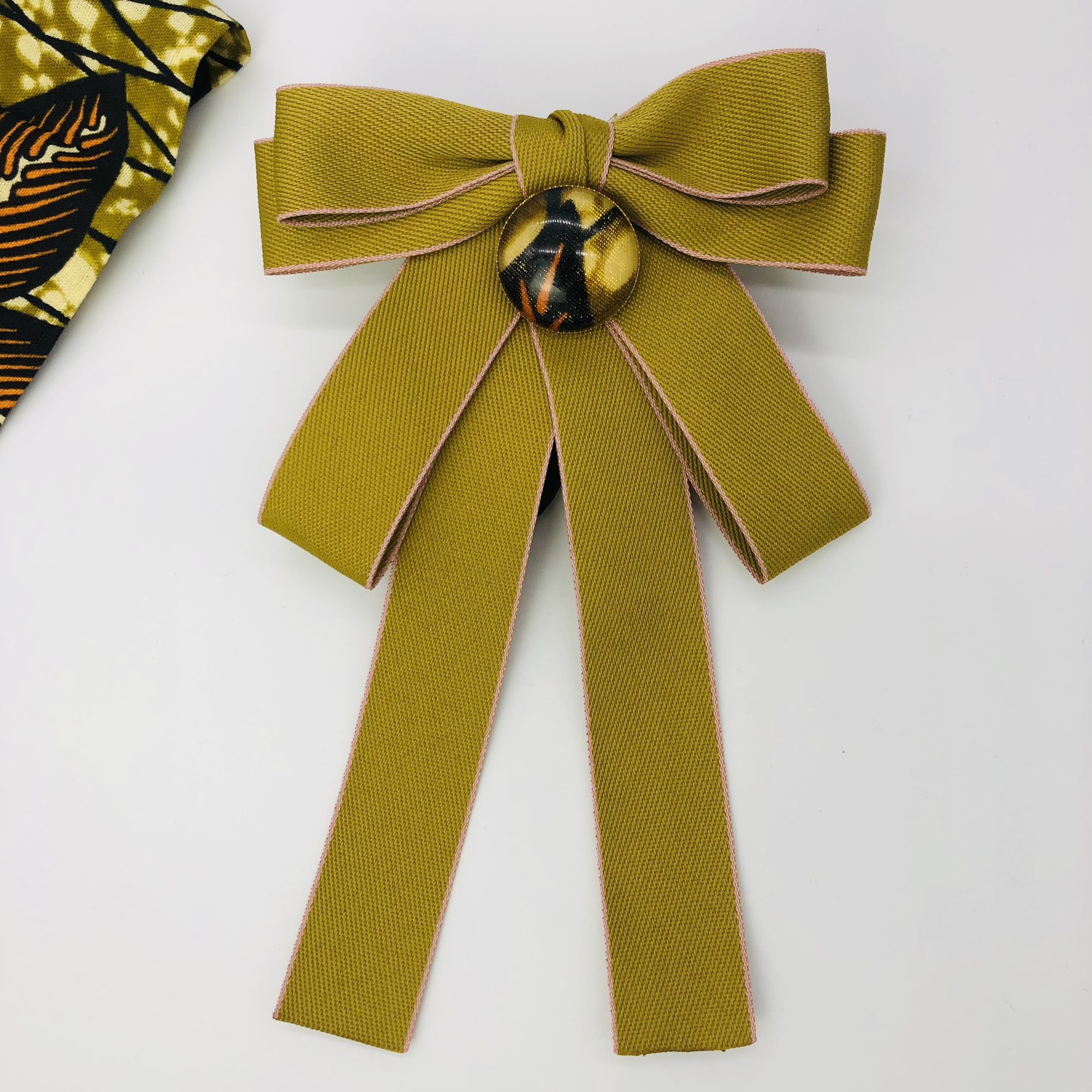 Jabot Style Bow Tie with Shizha Brooch - Mustard with pink trim - Image 5