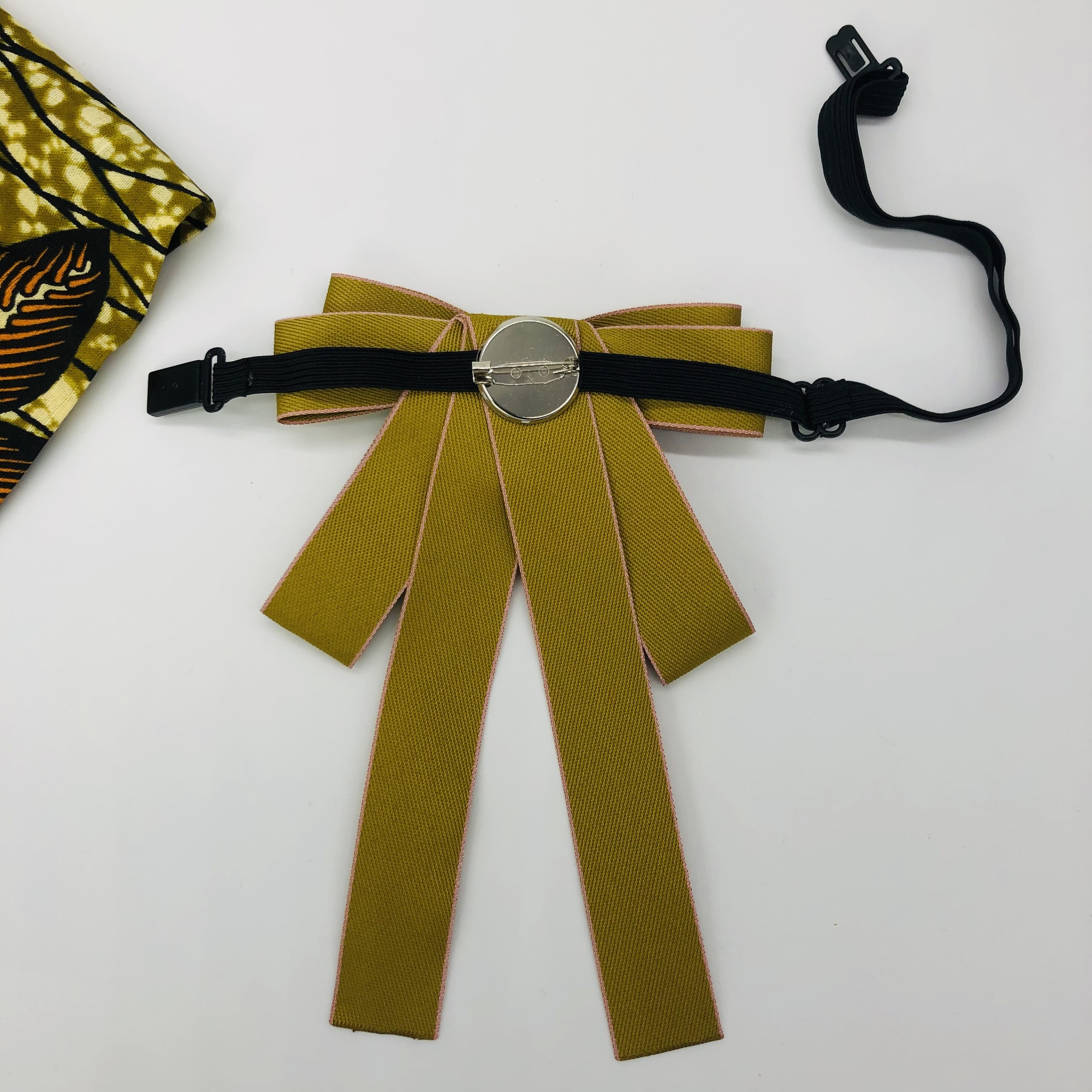 Jabot Style Bow Tie with Shizha Brooch - Mustard with pink trim - Image 4
