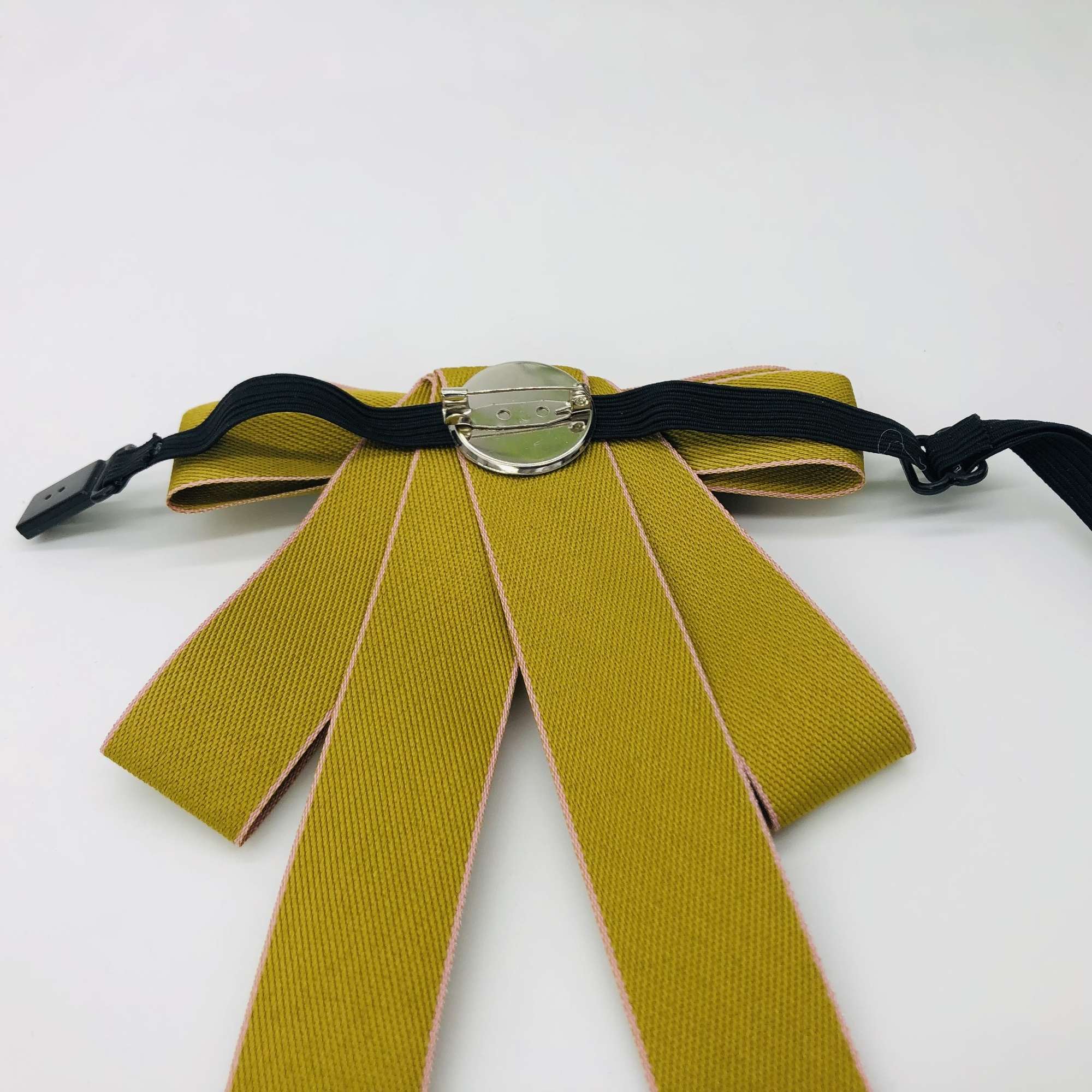 Jabot Style Bow Tie with Shizha Brooch - Mustard with pink trim - Image 3