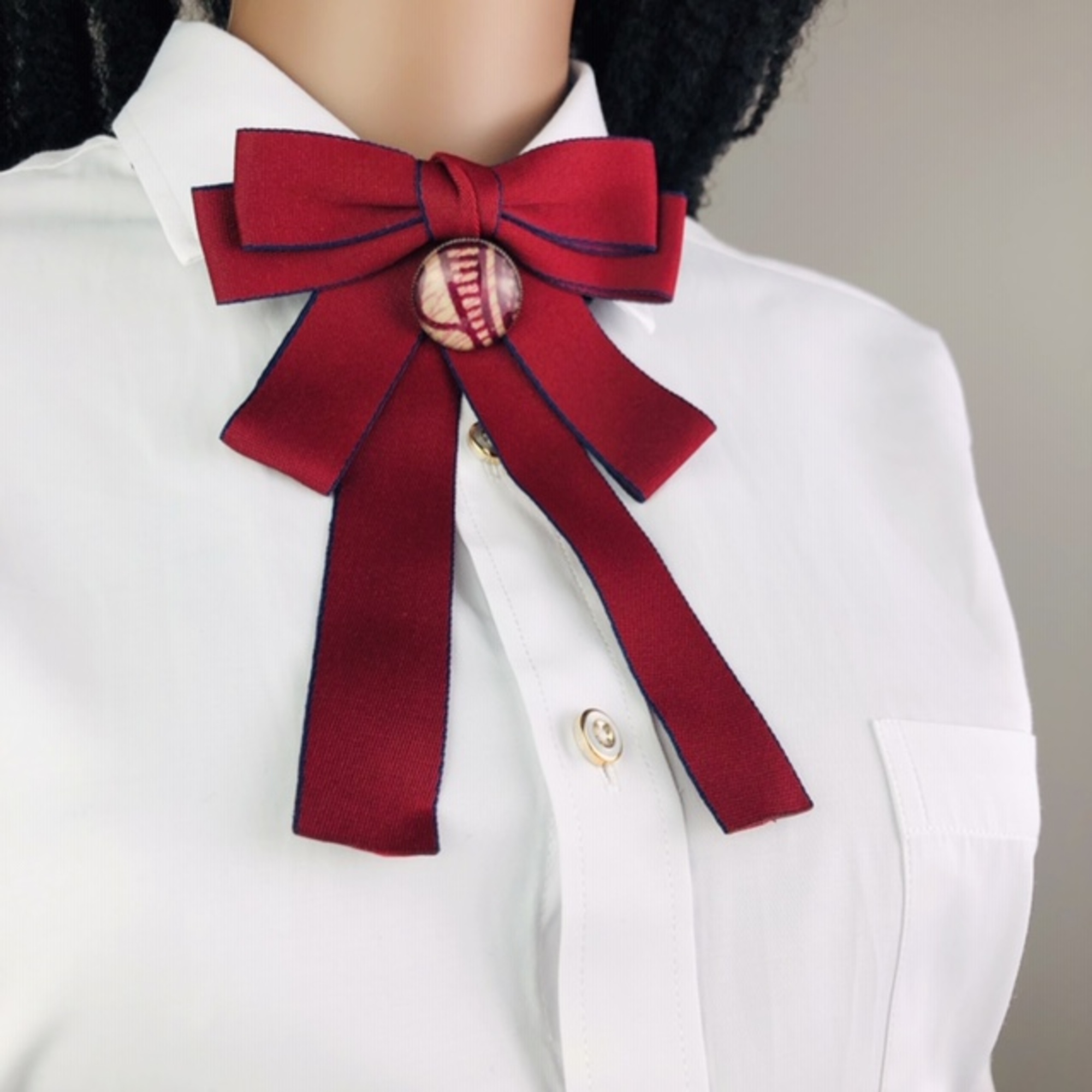Jabot Style Bow Tie with Hari Brooch - maroon with navy blue trim - Image 5