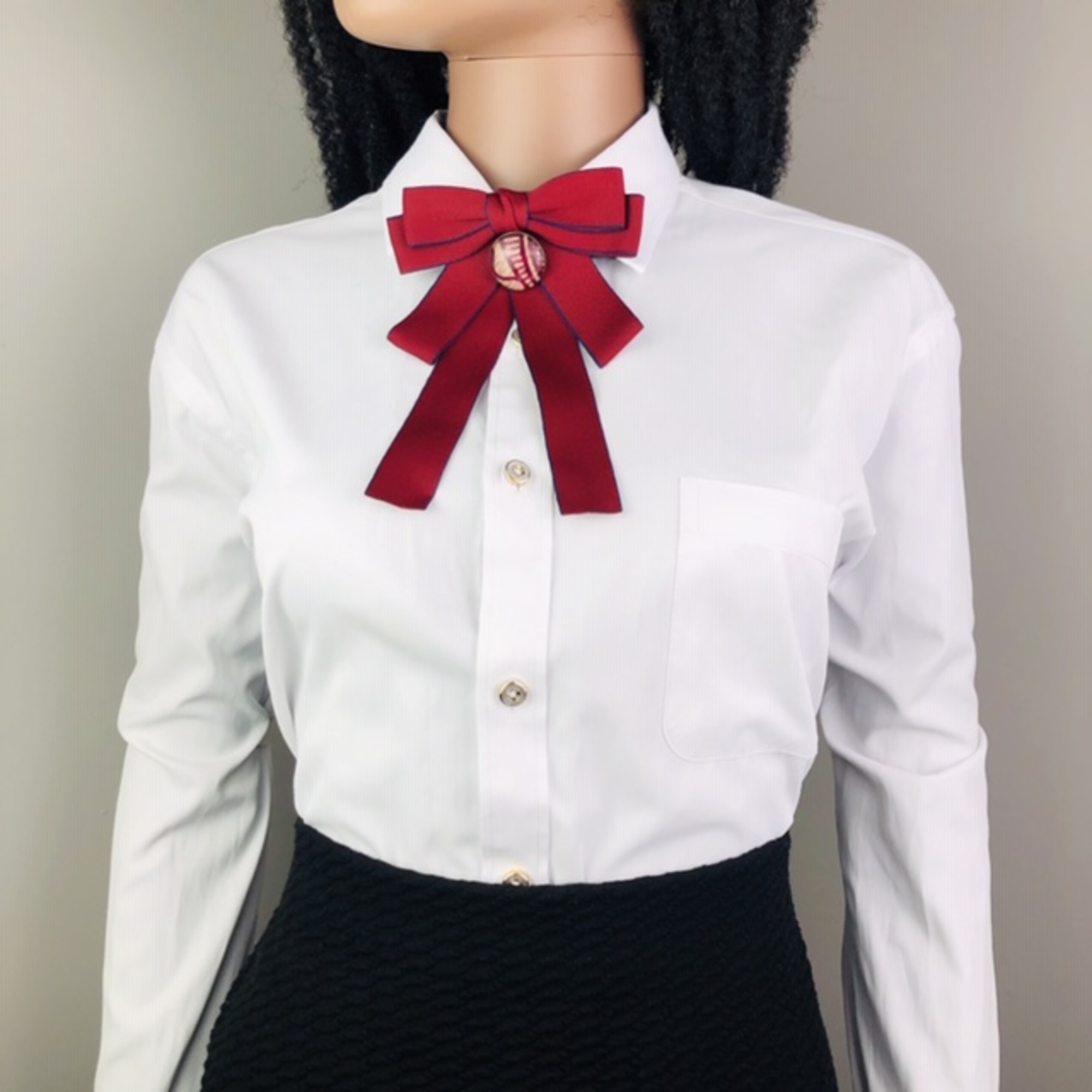Jabot Style Bow Tie with Hari Brooch - maroon with navy blue trim